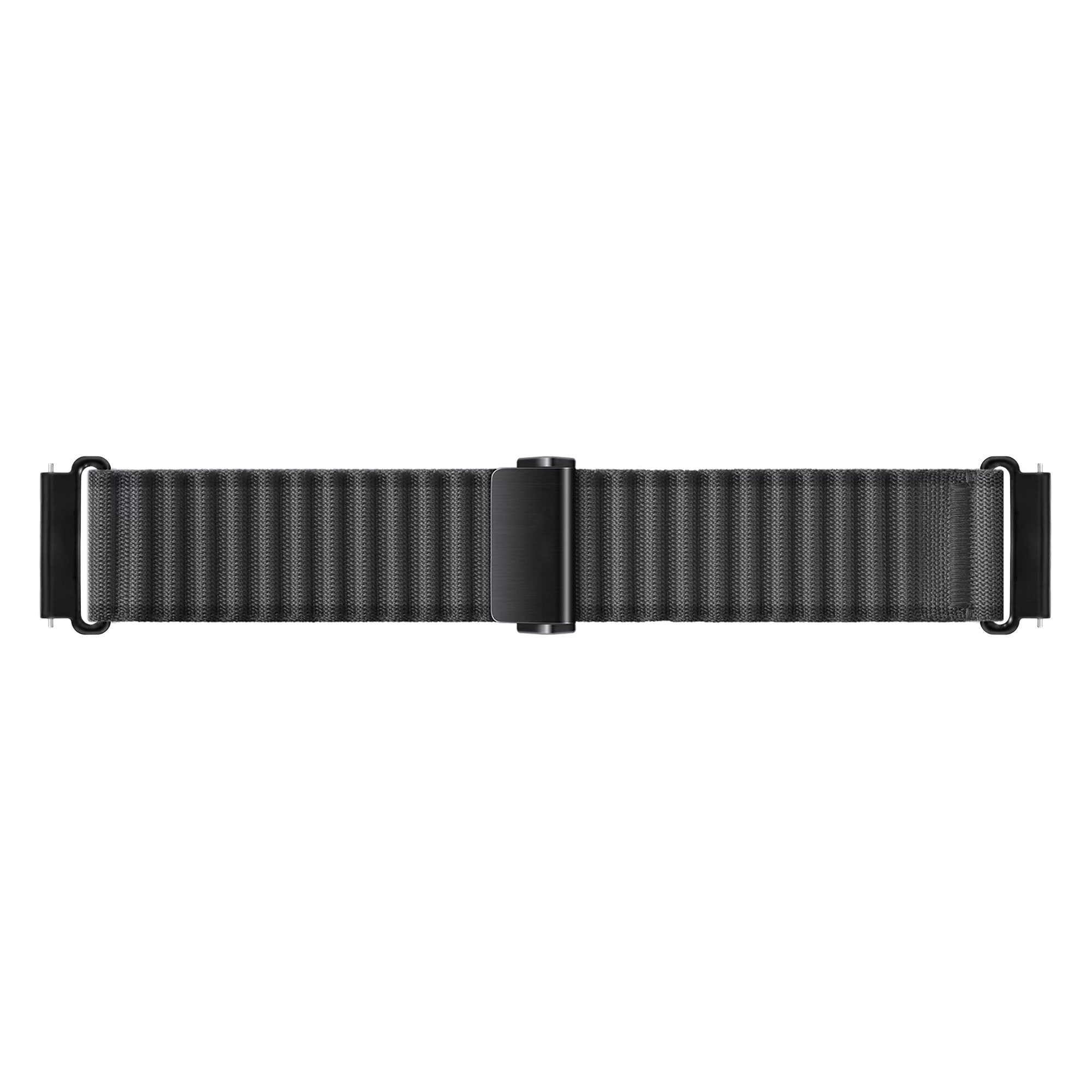 Ein graues Uhrenarmband liegt horizontal. Es hat eine strukturierte Oberfläche und schwarze Verschlüsse an jedem Ende mit einer schwarzen Schnalle in der Mitte.