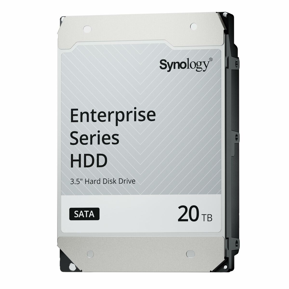 Srebrno-czarny dysk twardy z marką "Synology". To dysk HDD Enterprise Series, 20 TB, z SATA. Widoczny tekst i logo.