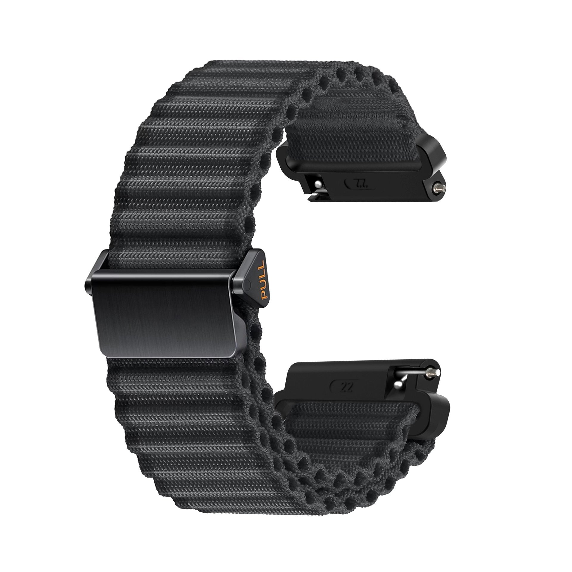 Ein schwarzes Uhrenarmband mit strukturierter Oberfläche. Es hat eine Schnalle mit dem Wort "PULL" und zwei Anschlüssen.
