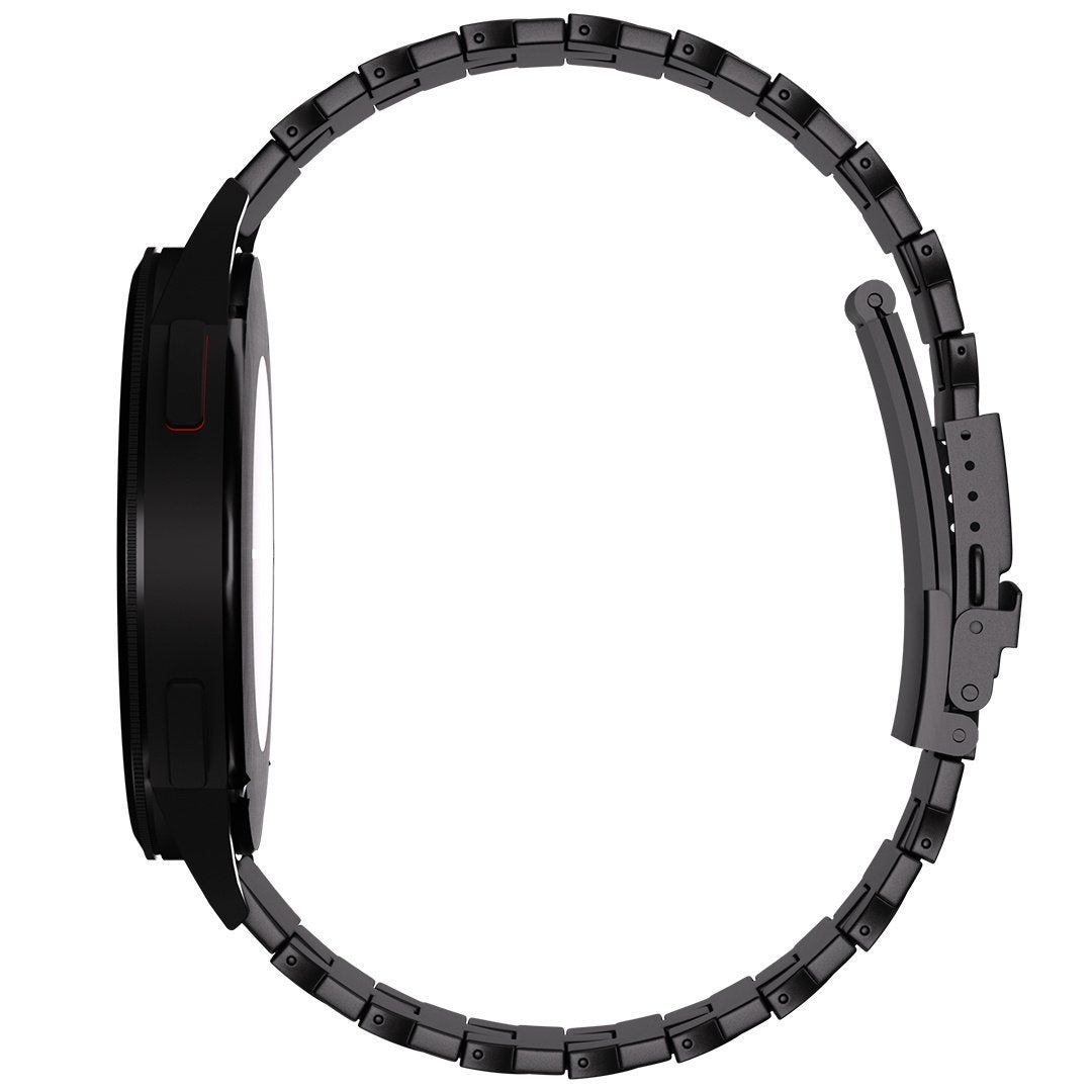 Schwarze Smartwatch mit Metallarmband, Seitenansicht. Das Zifferblatt ist sichtbar. Das Band ist mit dem Gehäuse verbunden.
