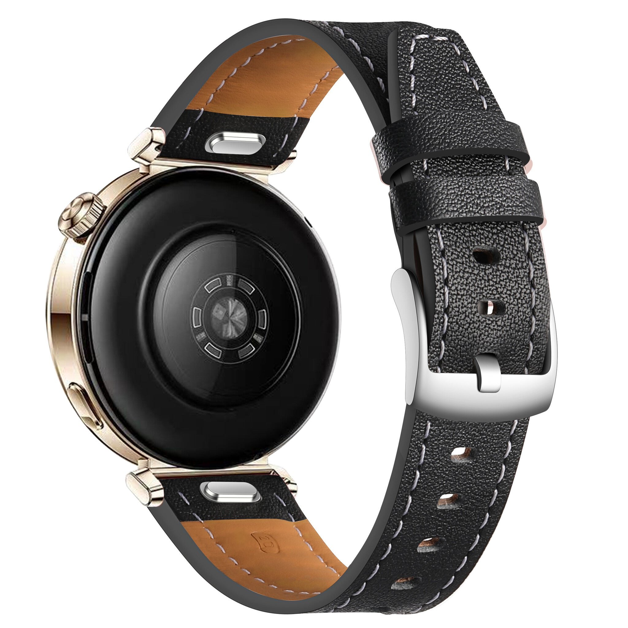 Eine goldene Smartwatch mit schwarzem Lederarmband. Das Armband ist mit weißem Faden genäht und hat eine silberne Schnalle.