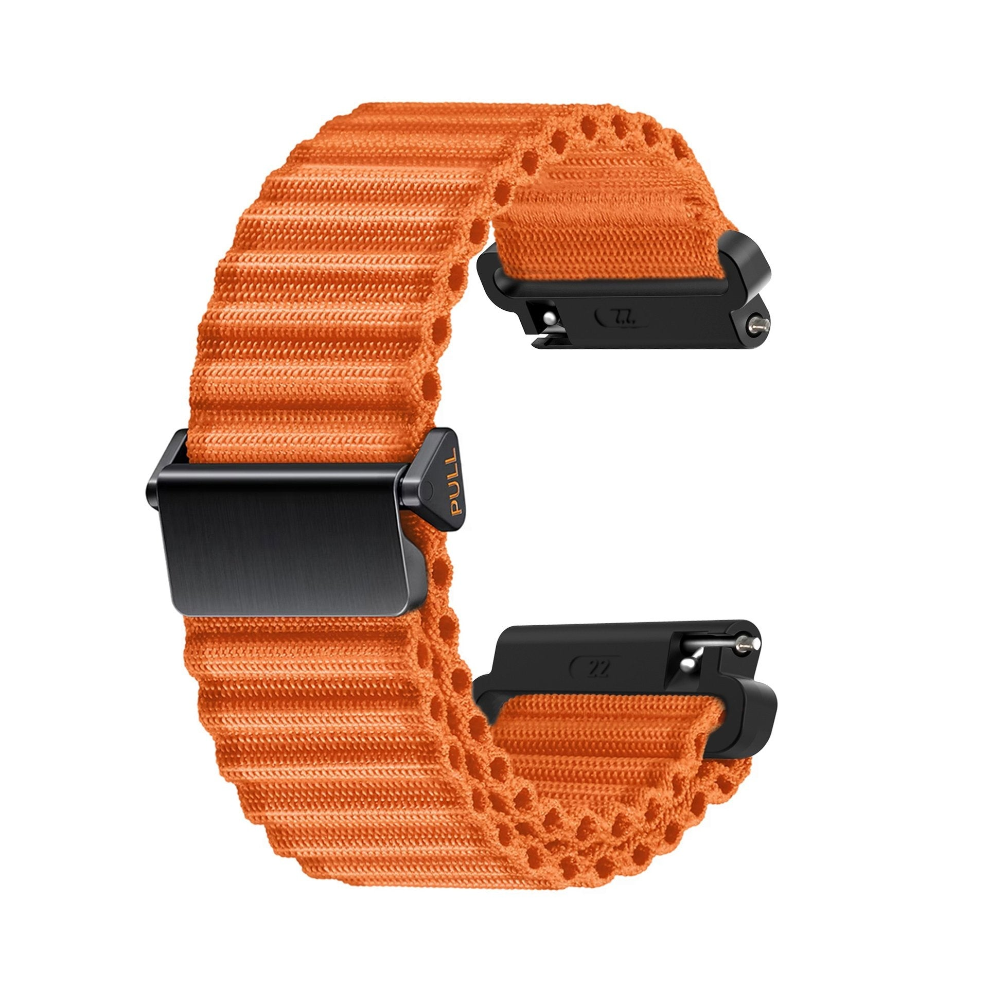 Orangenes Uhrenarmband mit schwarzen Metallverschlüssen. Das Armband besteht aus strukturiertem Stoff. Weißer Hintergrund.