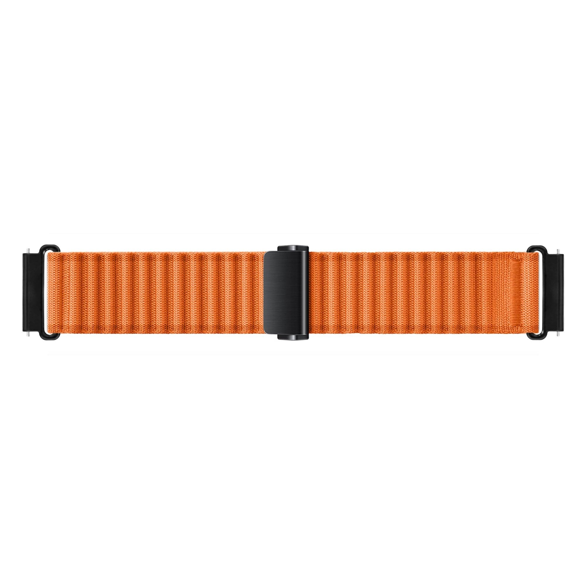 Ein orangefarbenes Uhrenarmband mit schwarzen Anschlüssen und einem schwarzen Verschluss auf weißem Hintergrund.