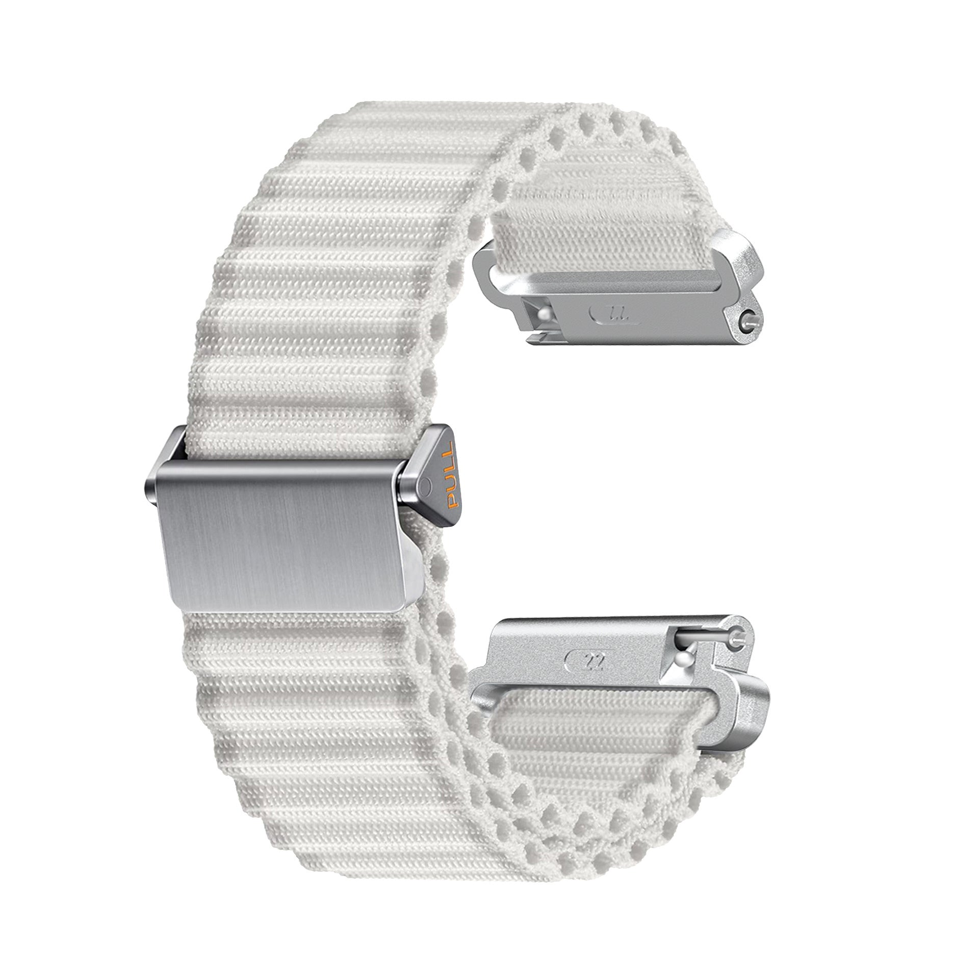 Weißes Uhrenarmband mit silbernen Verschlüssen. Das Armband besteht aus gewebtem Material. Die Verschlüsse haben Zahlen und eine 'Pull'-Lasche.