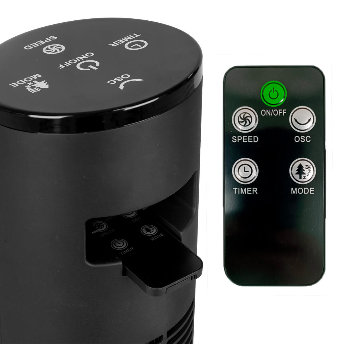 Czarny wentylator z przyciskami sterowania i pilotem. Przyciski obejmują prędkość, timer, tryb i włącz/wyłącz. Pilot ma zielone światło na przycisku zasilania.