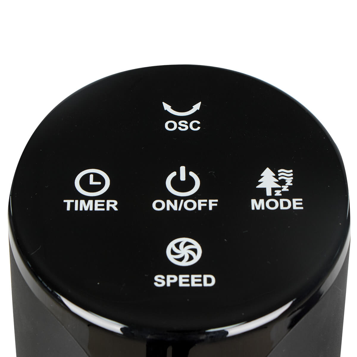 Czarny panel sterowania z białymi ikonami i tekstem dla OSC, Timer, Wł./Wył., Tryb i Prędkość. Tło jest białe.
