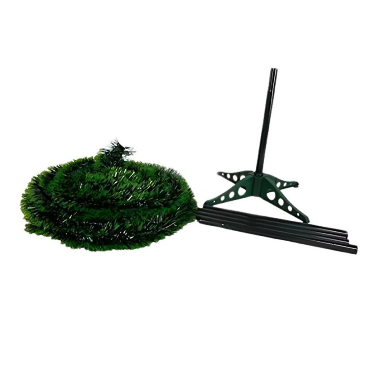 Un árbol de Navidad artificial verde con un soporte y postes negros, listo para ensamblar, sobre fondo blanco.