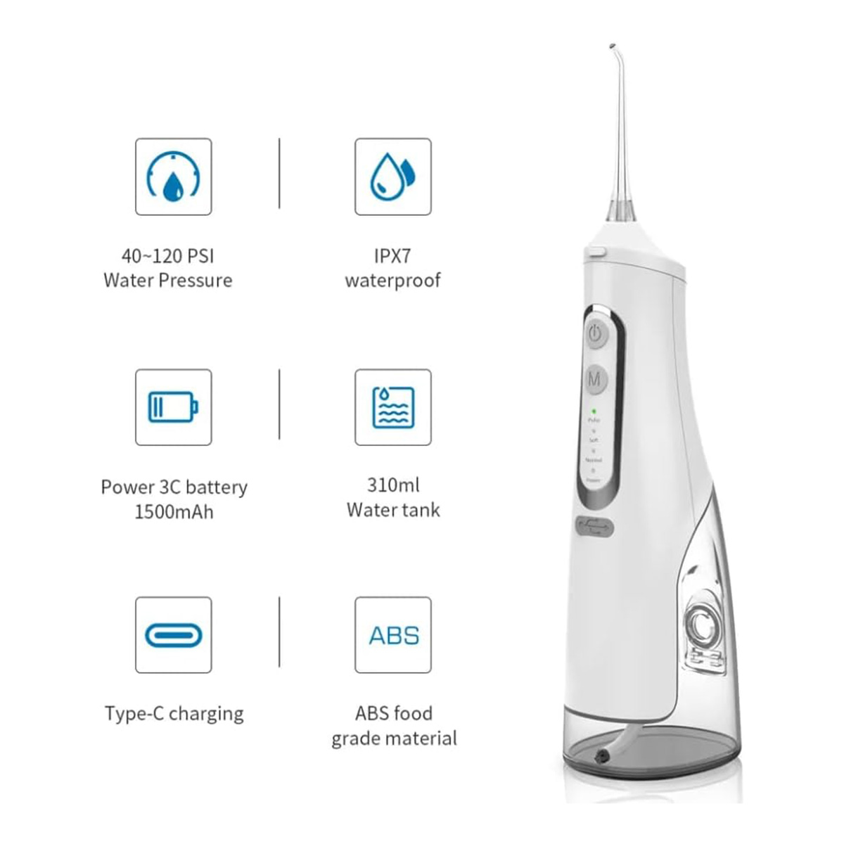 Un irrigador bucal blanco y transparente. Los iconos muestran características: presión de agua, impermeable, batería, depósito de agua, carga y material ABS.