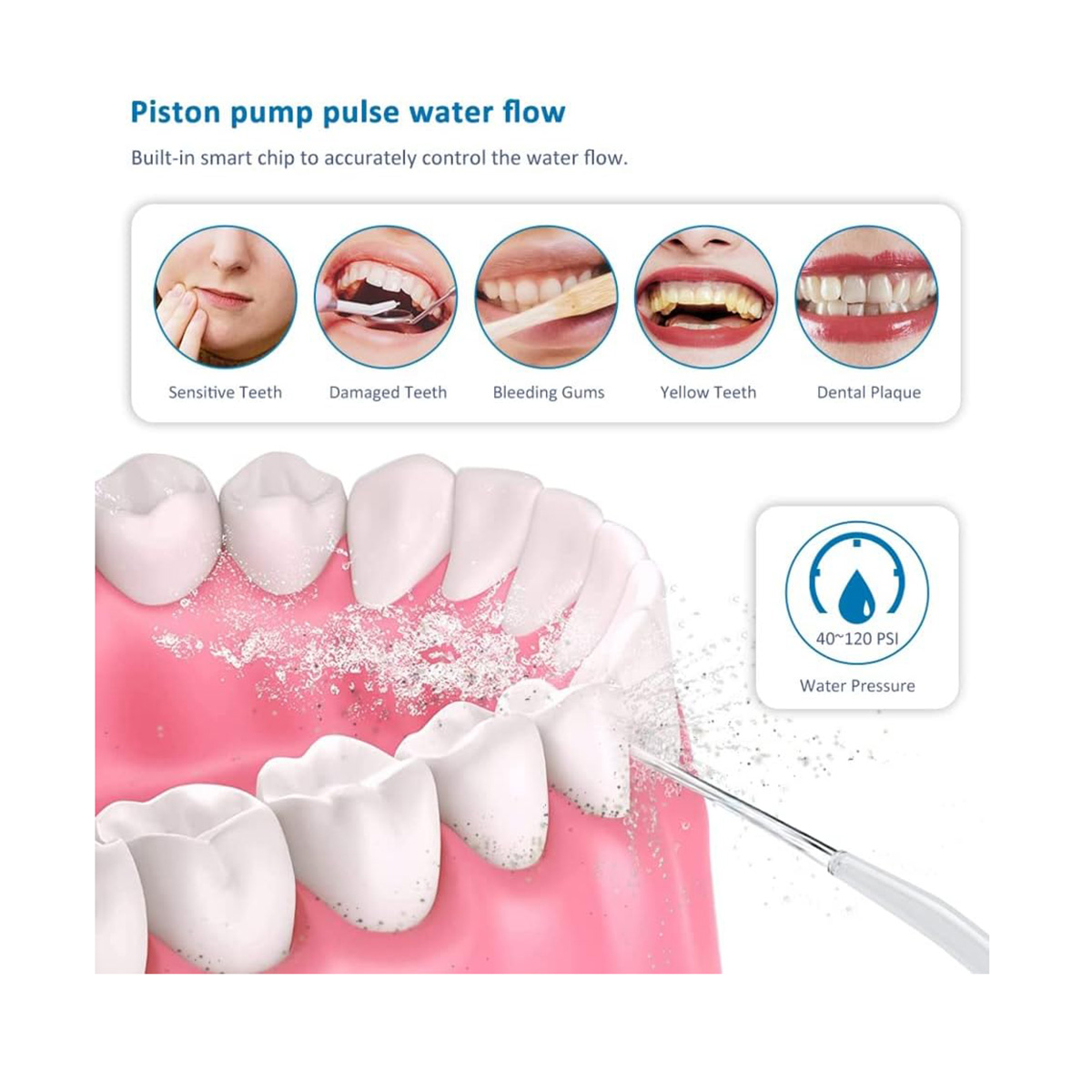 La imagen muestra la limpieza dental con presión de agua. También muestra ejemplos de problemas dentales: dientes sensibles, dañados, sangrado de encías, placa.