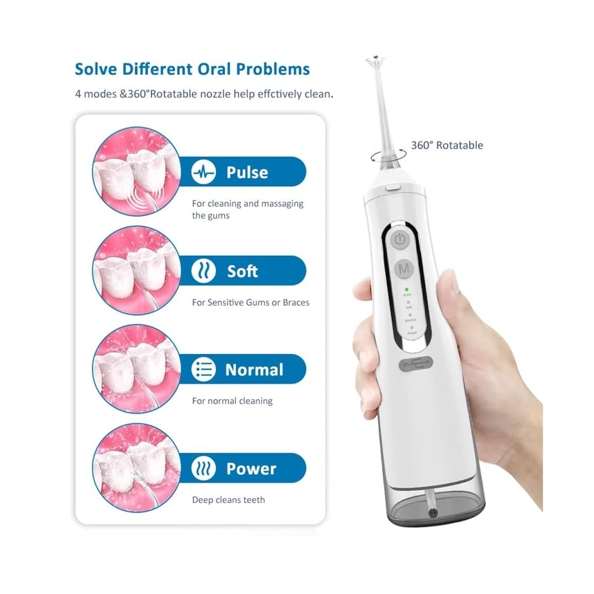 Una irrigador oral blanco es sostenido por una mano. Tiene 4 modos de limpieza, mostrados con gráficos de dientes y descripciones de texto.
