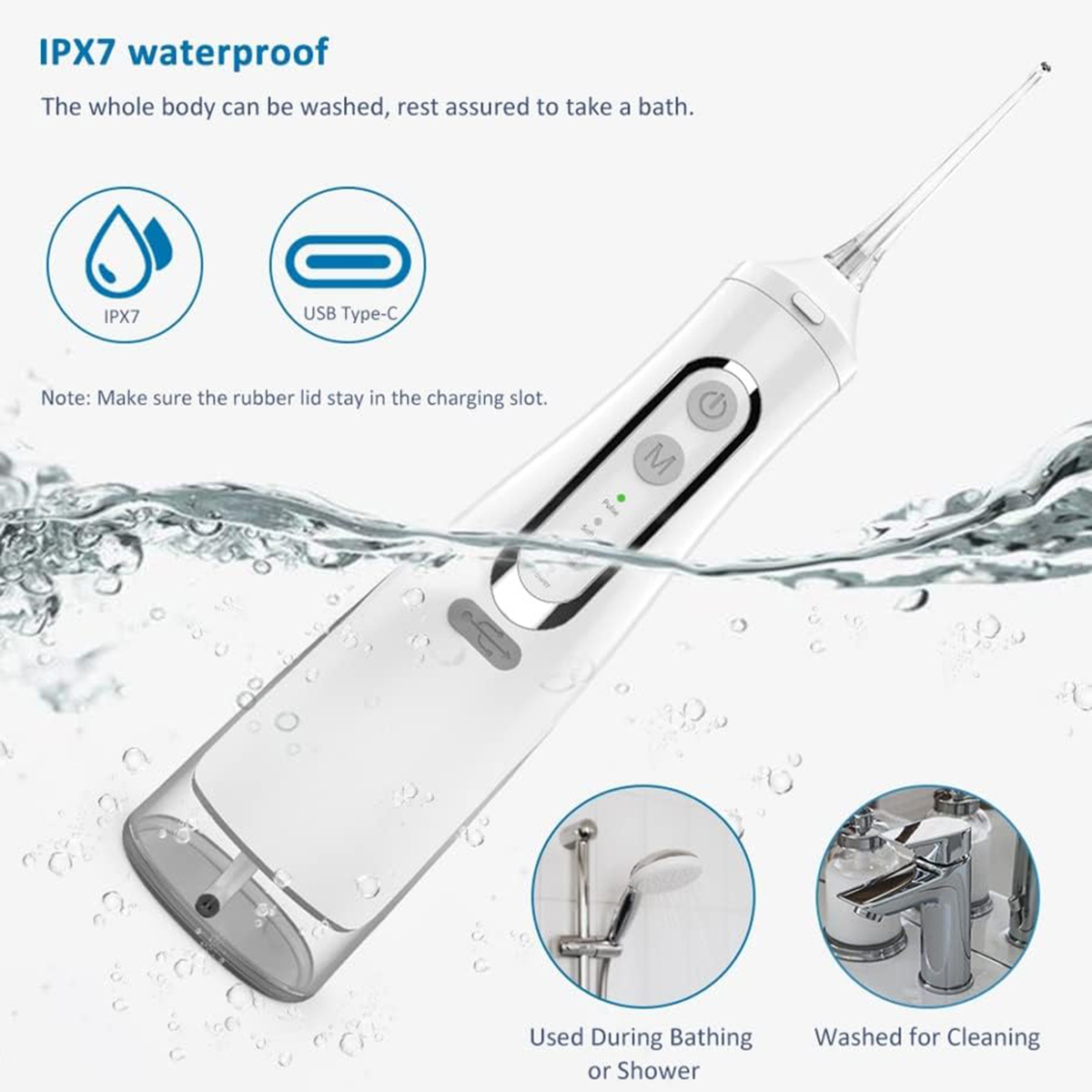 Un irrigador oral blanco e impermeable con carga USB, sumergido en agua. Son visibles los iconos de IPX7 y USB-C, junto con escenarios de uso.