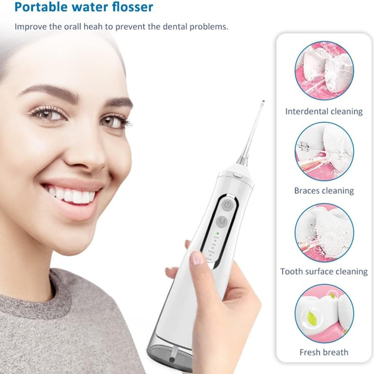 Una mujer sonríe mientras sostiene un irrigador bucal blanco. Los iconos muestran limpieza interdental, de brackets, de superficie dental y aliento fresco.