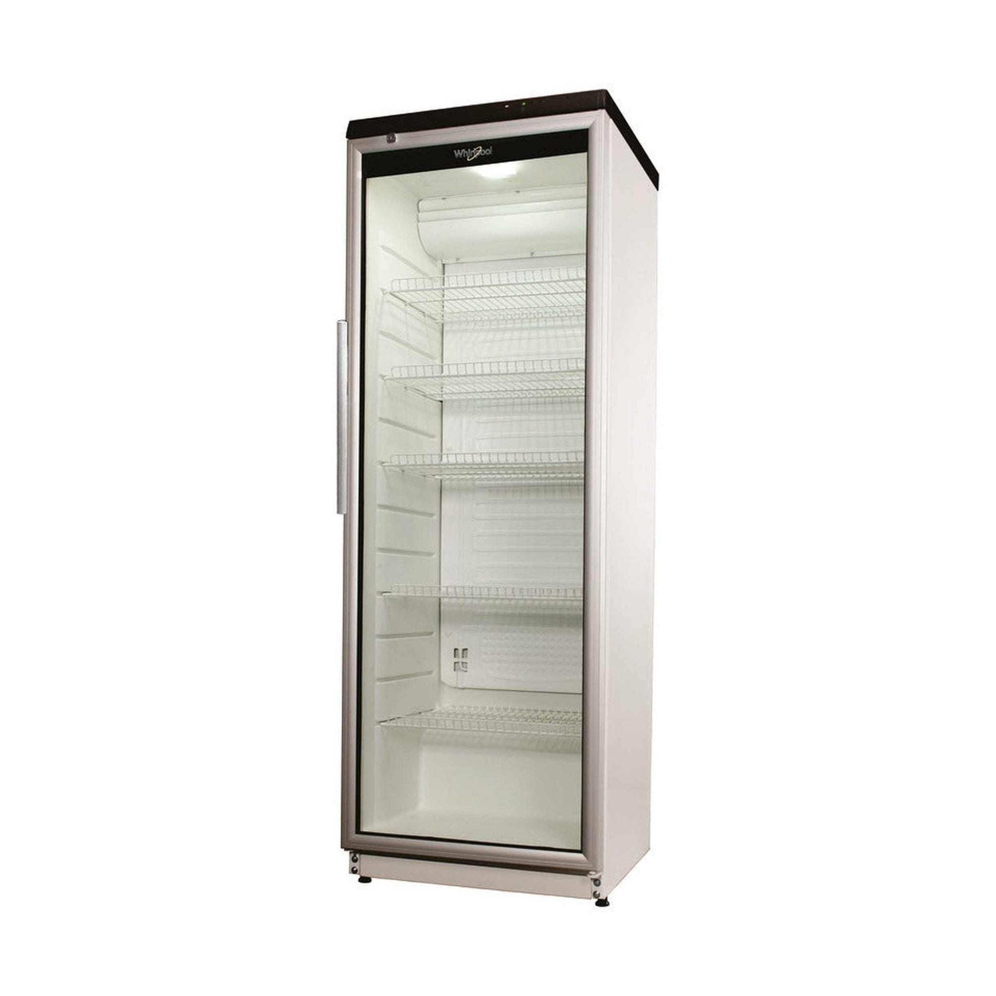 Un grand réfrigérateur Whirlpool blanc avec une porte vitrée, des étagères intérieures et un dessus noir. Sur fond blanc.