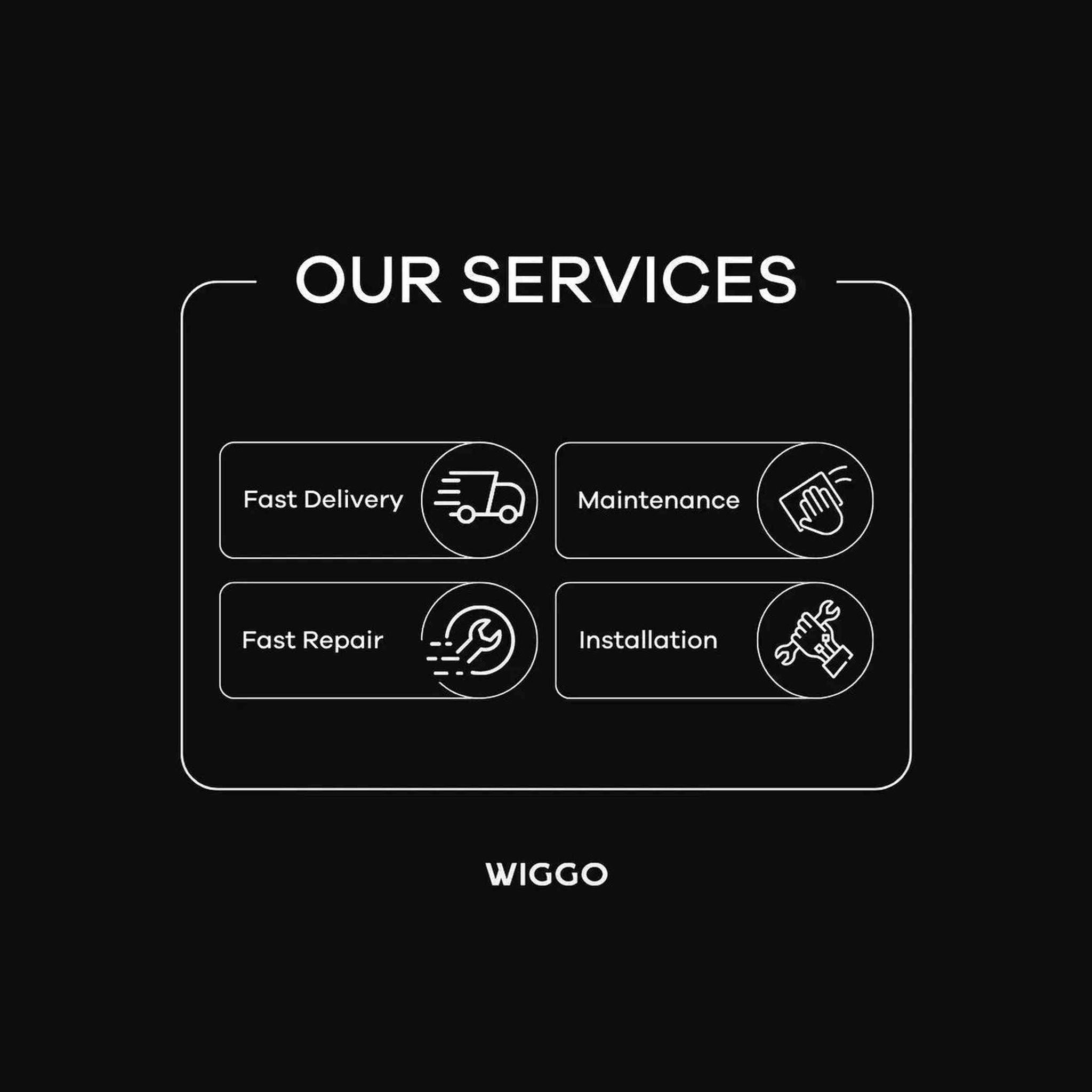 Graphique noir avec texte et icônes blancs. Il dit 'OUR SERVICES' et liste 'Fast Delivery', 'Maintenance', etc. 'WIGGO' en bas.