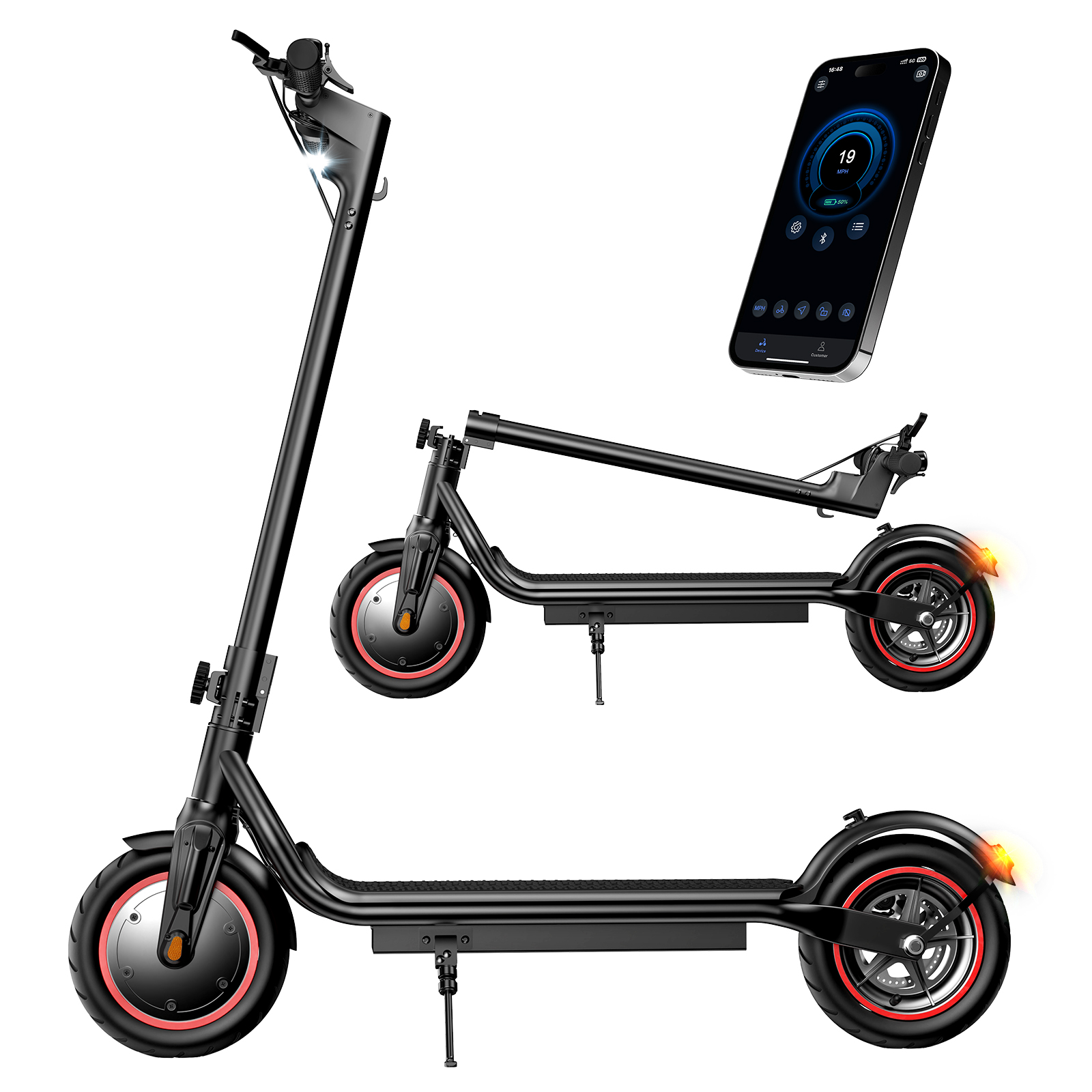 Scooter elettrico nero con telefono che mostra la velocità. Sono mostrati due scooter, uno piegato. Cerchi rossi sulle ruote.