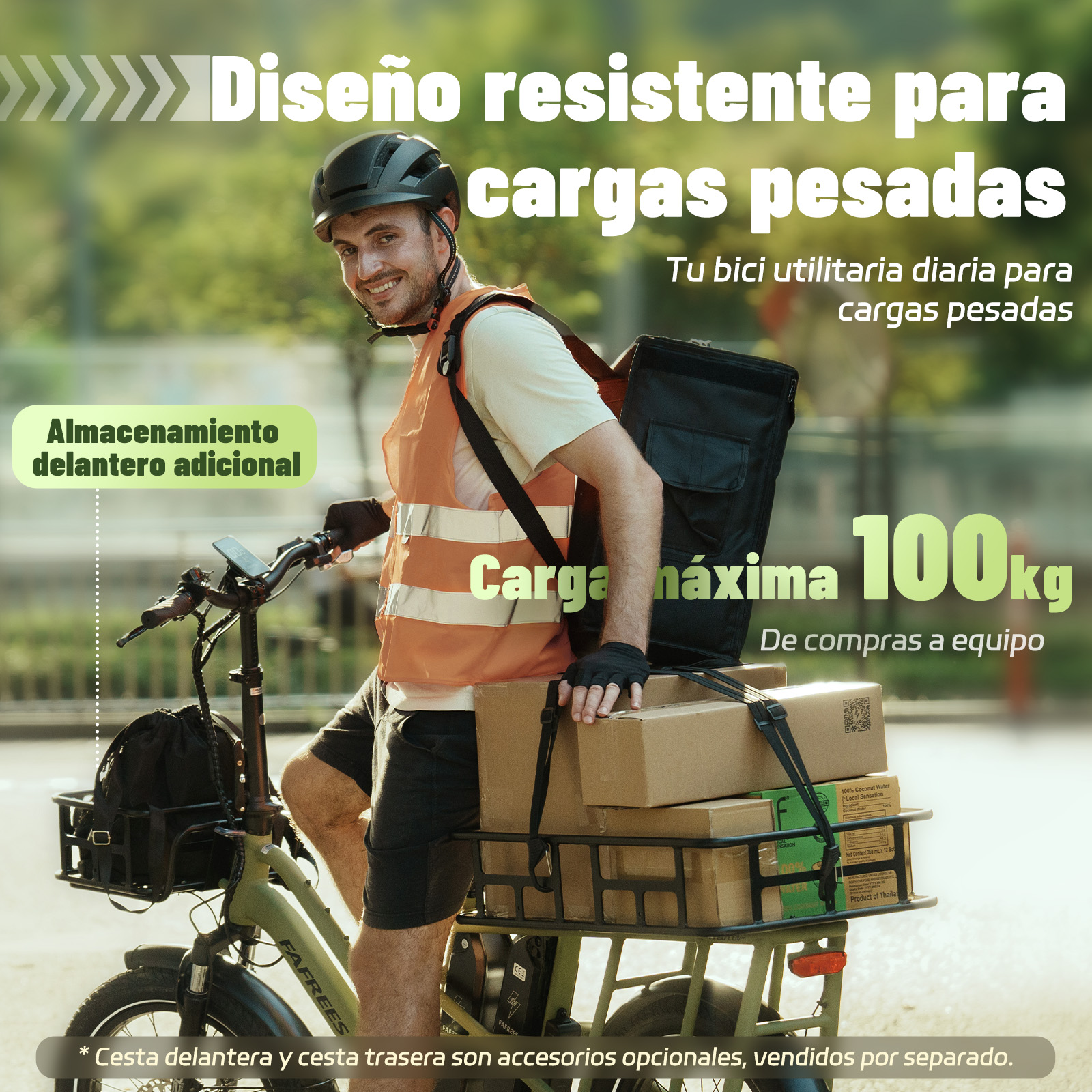 Un hombre en una bicicleta de carga verde lleva cajas y una bolsa. El texto dice: 'Carga máxima 100kg'.