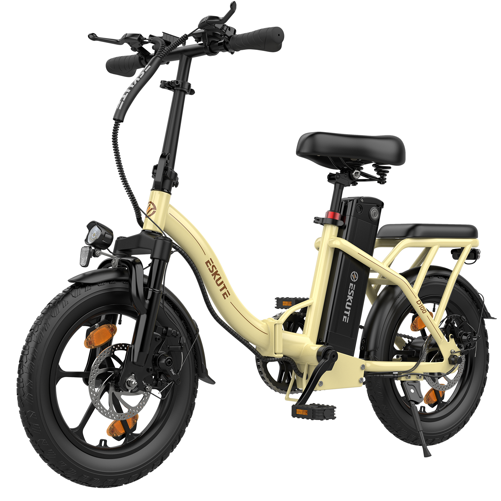 Ein cremefarbenes und schwarzes Eskute-Elektrofahrrad. Es hat einen schwarzen Sitz, Lenker und Reifen. Der Hintergrund ist weiß.