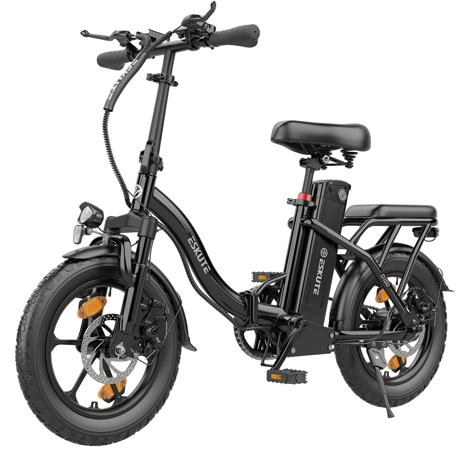 Schwarzes Elektrofahrrad mit großen Reifen. Verfügt über einen Sitz, eine Batterie und Pedale. Die Marke ist Eskute.