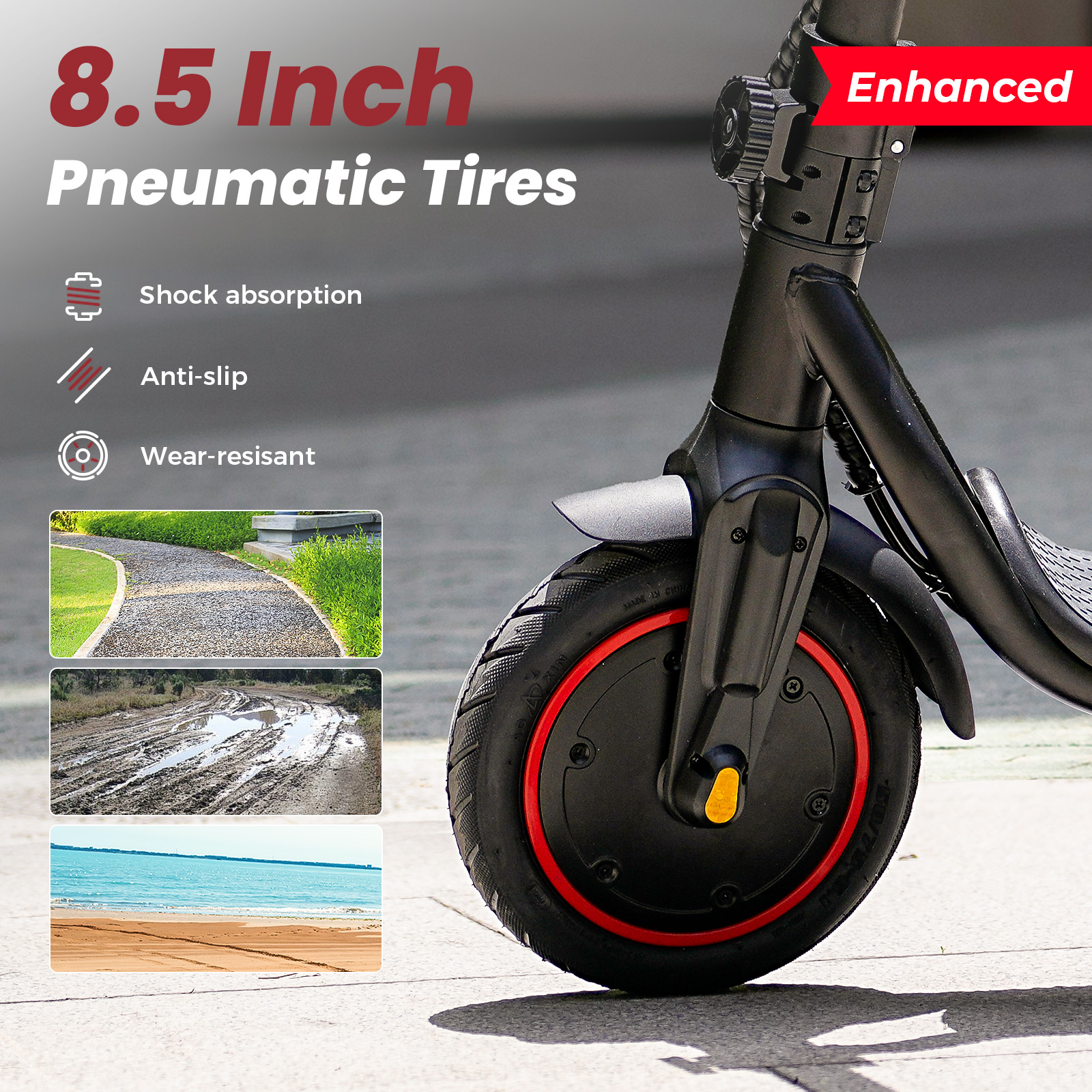 Pneumatico nero per scooter con dettagli rossi. Contiene testo sui pneumatici e immagini di diversi terreni.