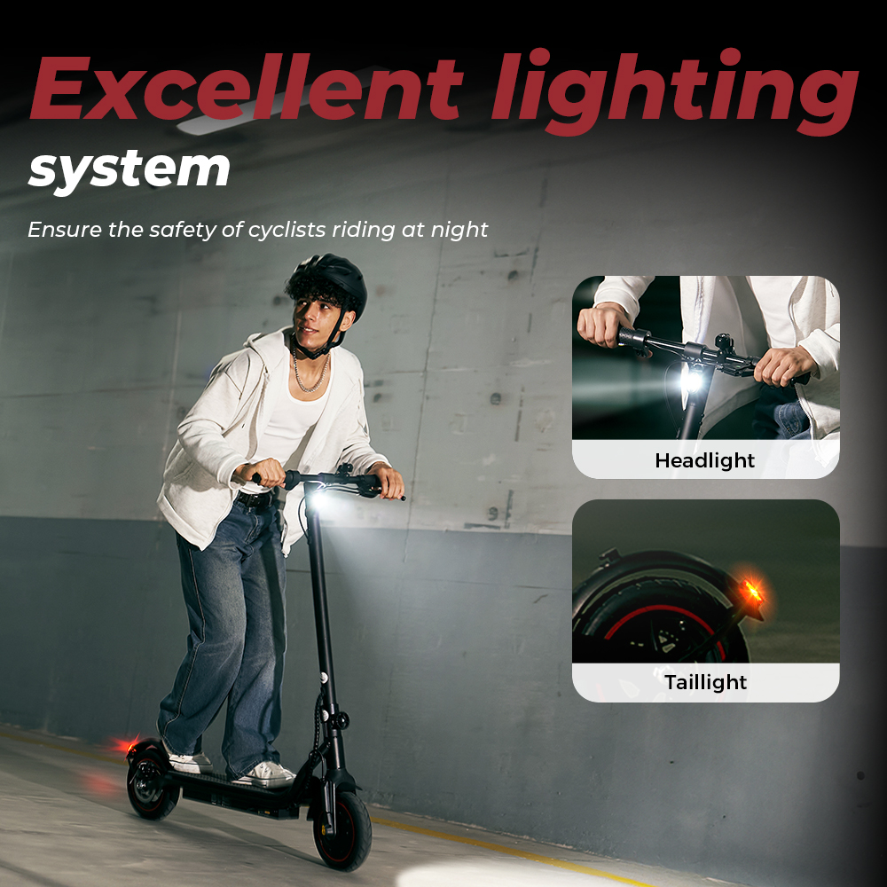 Un uomo guida un monopattino elettrico con faro e fanale posteriore. Testo: Ottimo sistema di illuminazione. Garantire la sicurezza.
