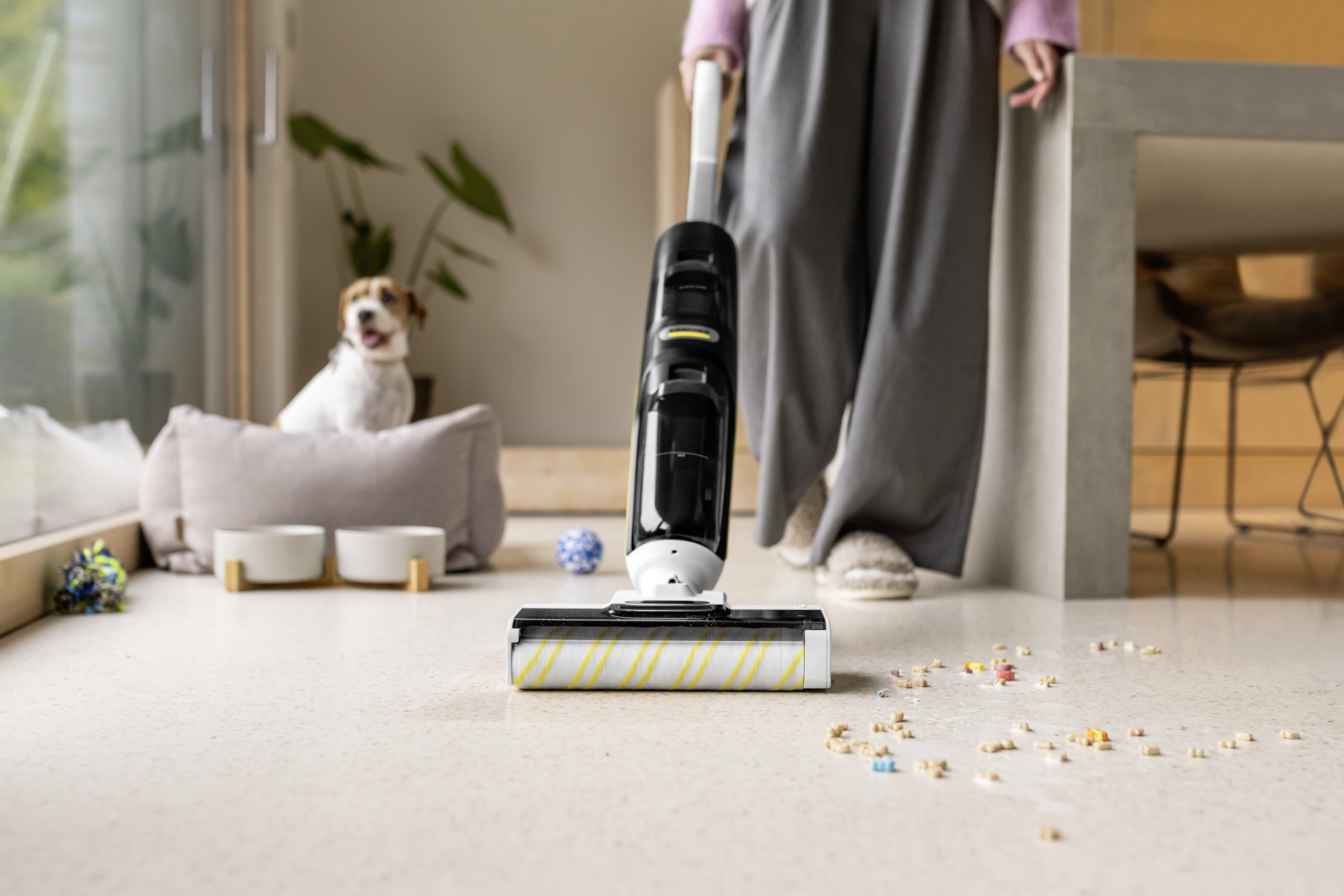 Een persoon stofzuigt een vloer bezaaid met ontbijtgranen. Een hond zit bij een raam. De stofzuiger is zwart en wit.