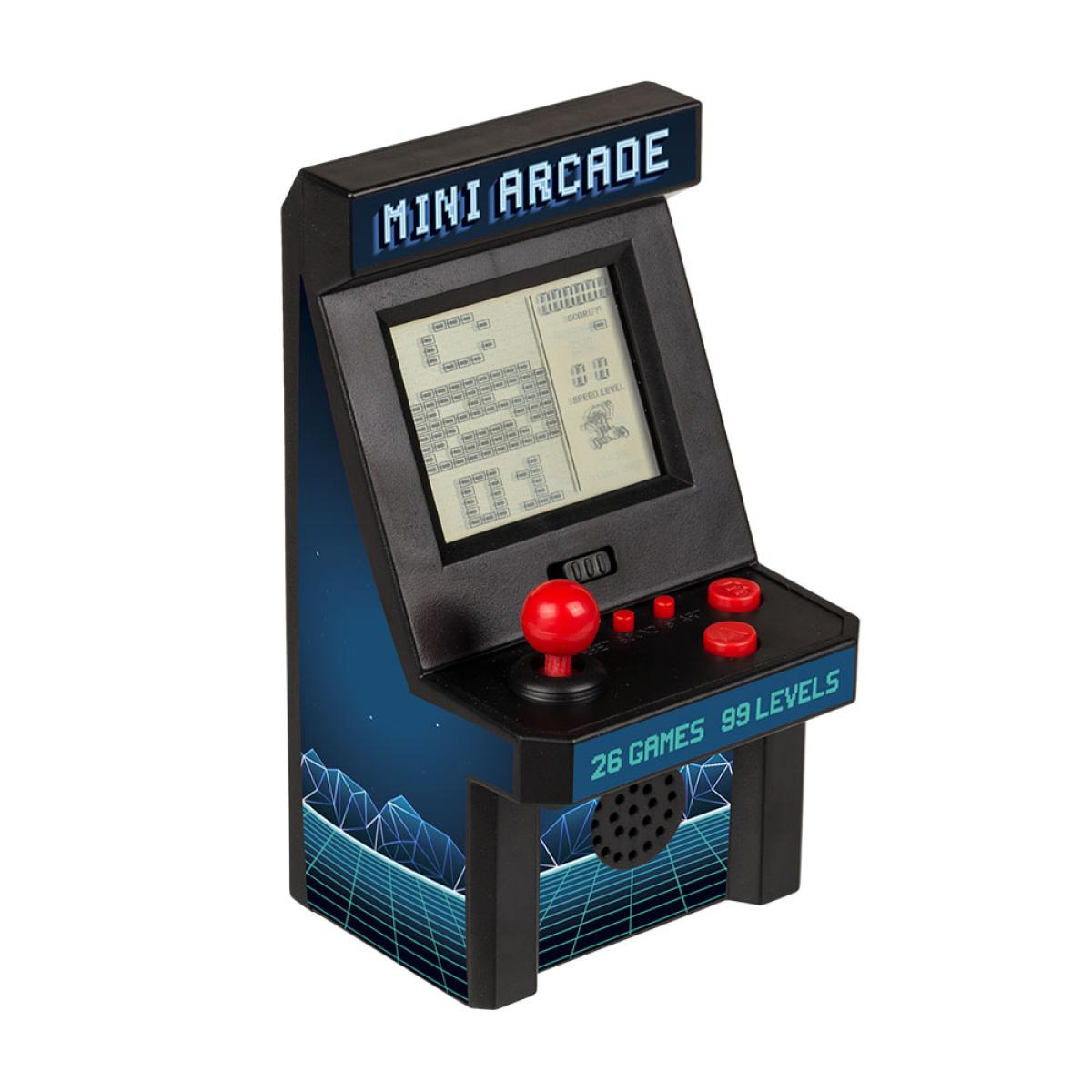 Een mini arcade game met een scherm, joystick en knoppen. Het heeft een retro-ontwerp met een blauw en zwart kleurenschema. Het scherm toont een spel.