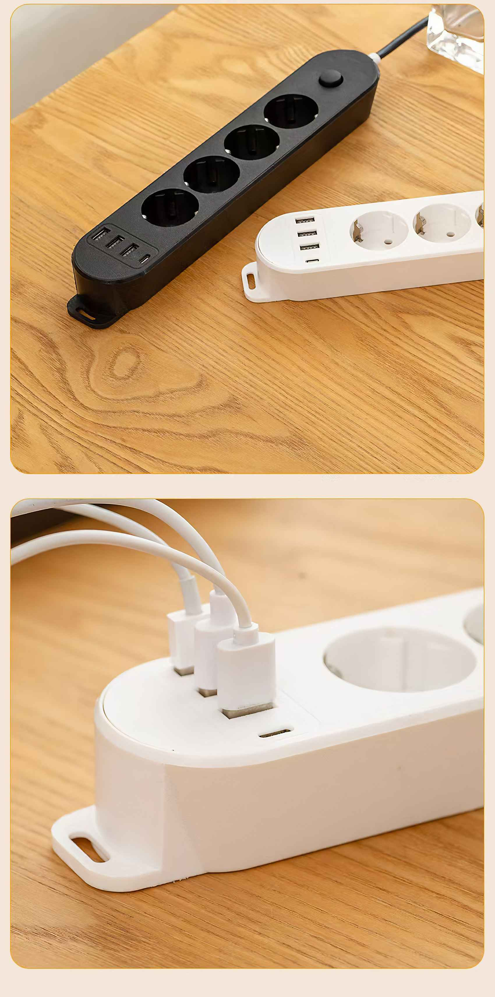 Zwei Steckdosenleisten, eine schwarze und eine weiße, liegen auf einer Holzoberfläche. Kabel und USB-Anschlüsse sind sichtbar.