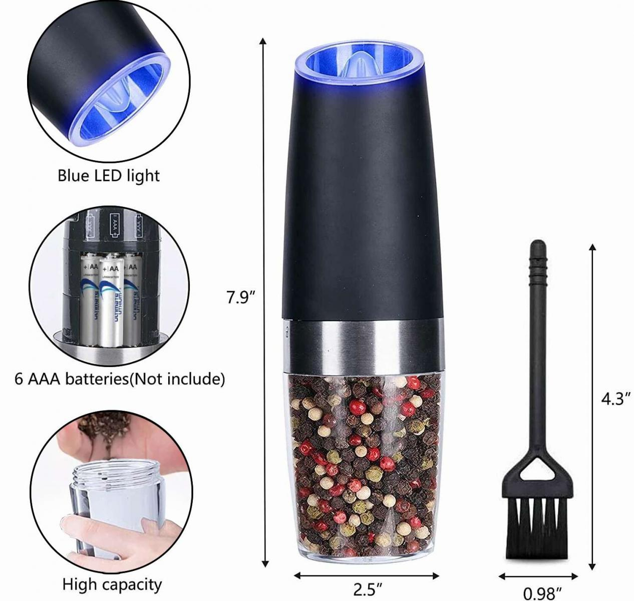 Eine elektrische Pfeffermühle mit blauer LED, Reinigungsbürste und Maßangaben. Die Pfeffermühle ist schwarz und silber.