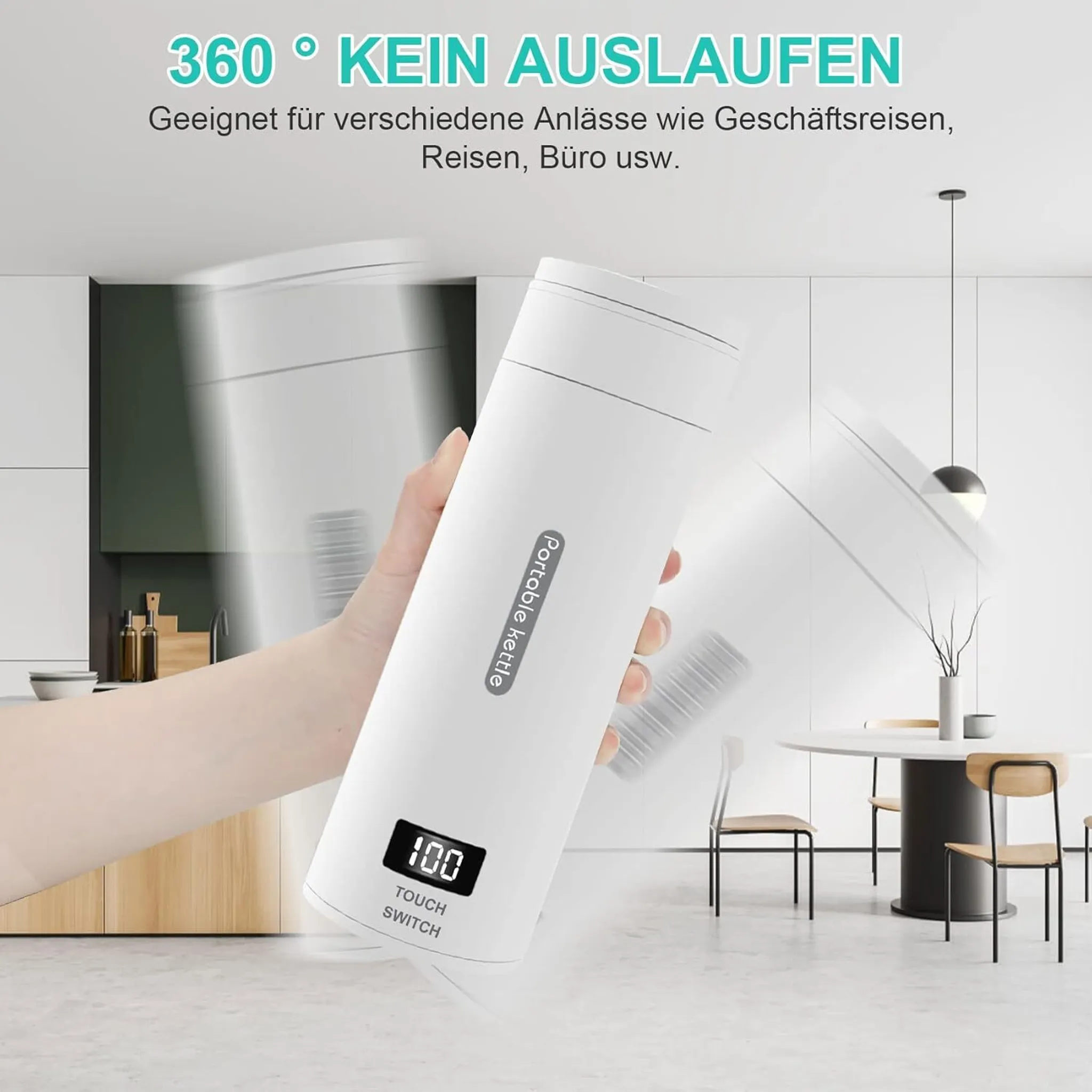 Eine Hand hält einen weißen tragbaren Wasserkocher. Der Wasserkocher zeigt 100, Touch-Schalter. Text oben: 360° KEIN AUSLAUFEN.