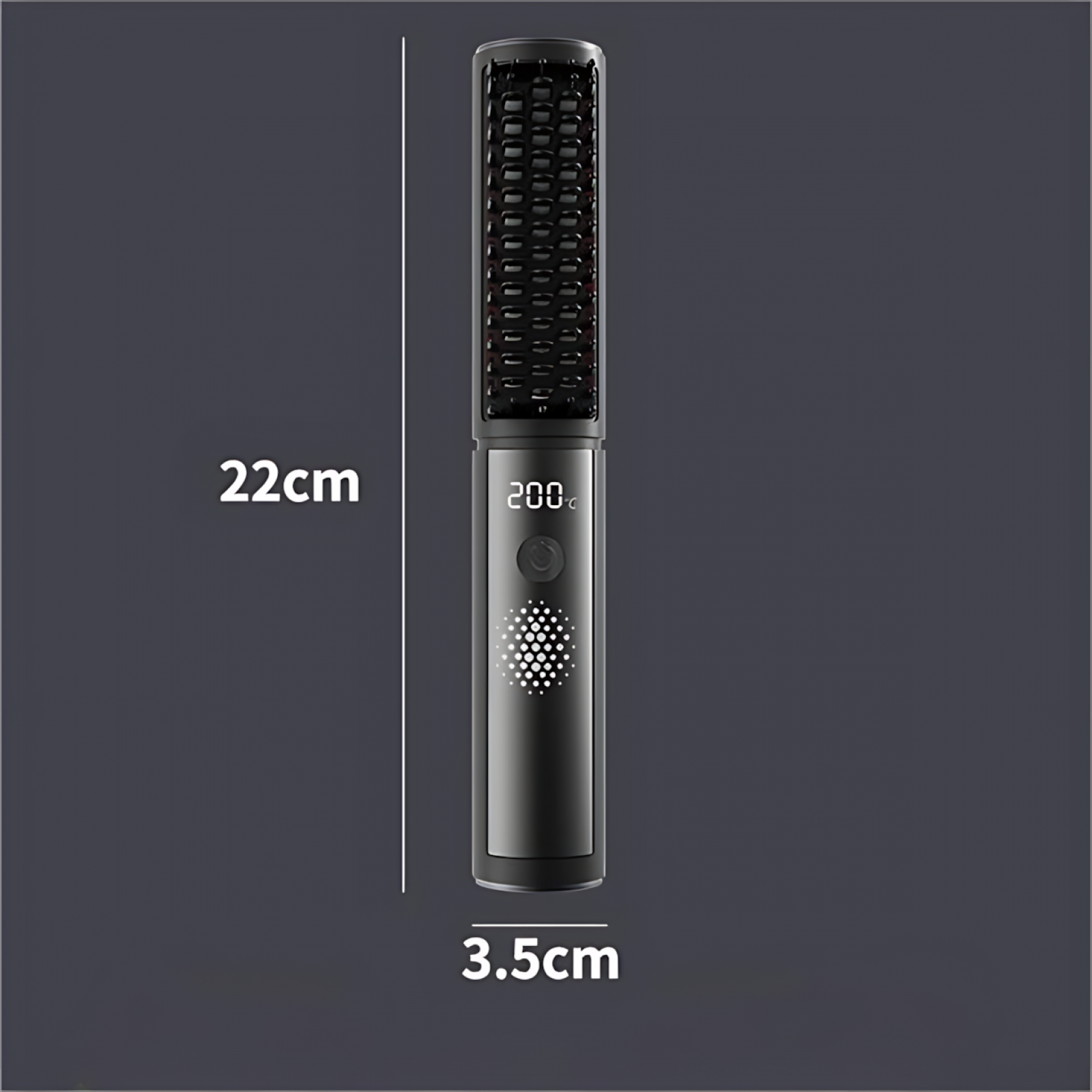Ein schwarzer Haarglätter mit den Maßen: 22 cm lang und 3,5 cm breit. Es hat eine Digitalanzeige mit der Temperatur.