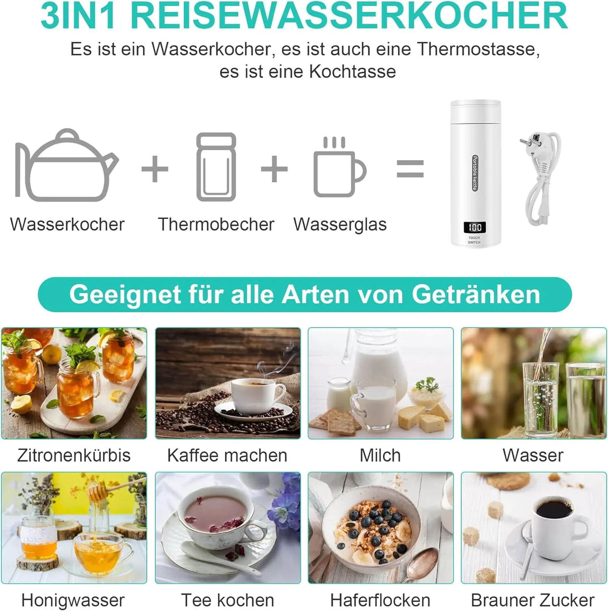 Das Bild zeigt einen 3-in-1-Reisekessel mit Illustrationen und Beispielen für Getränke wie Zitronentee, Kaffee, Milch und Wasser.