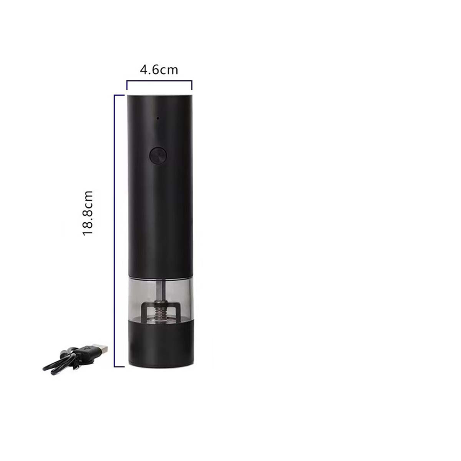 Schwarze elektrische Pfeffermühle mit Ladekabel. Maße: 4,6 cm breit, 18,8 cm hoch. Isoliert auf weißem Hintergrund.
