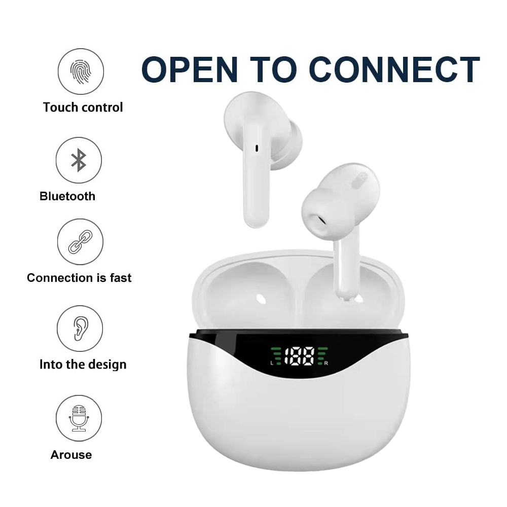 Weiße Ohrhörer in Ladecase mit digitalem Display. Symbole für Touch-Steuerung, Bluetooth, schnelle Verbindung, Design und Erwecken.
