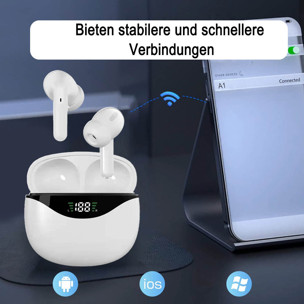 Weiße Ohrhörer mit Ladecase, verbunden mit einem Telefon. Text: 'Bieten stabilere und schnellere Verbindungen'.