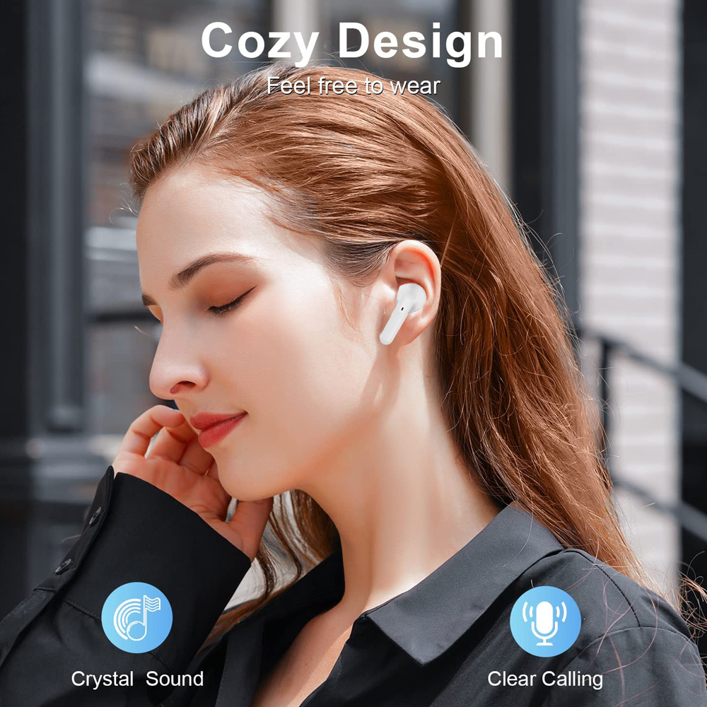 Eine Frau mit Ohrhörern lächelt. Der Text lautet 'Cozy Design' und 'Feel free to wear'. Symbole für 'Crystal Sound' und 'Clear Calling' sind vorhanden.