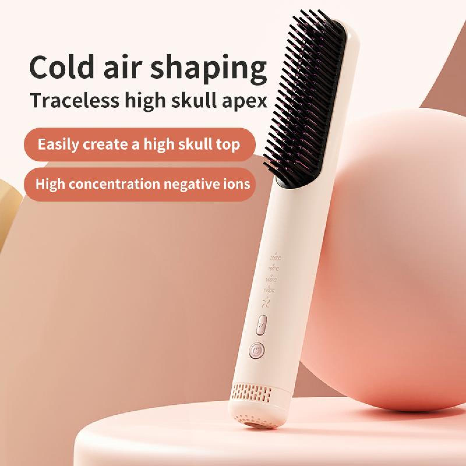 Ein weißes Haarstyling-Tool mit schwarzen Borsten. Der Text lautet 'Cold air shaping' und 'Easily create a high skull top'.
