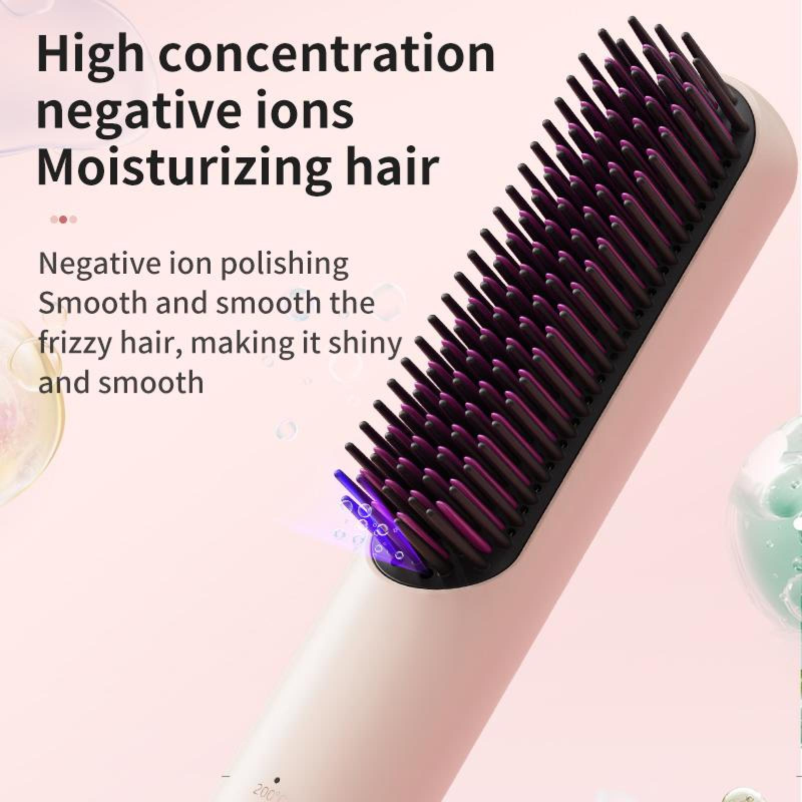 Ein weißer Haarglätter mit schwarzen und lila Borsten. Text: Hohe Konzentration negativer Ionen, feuchtigkeitsspendendes Haar und mehr.