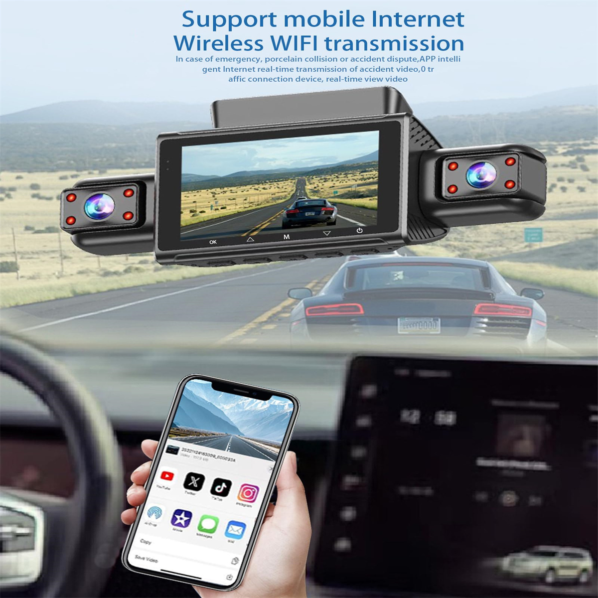 Ein Auto-Armaturenbrett mit einem Bildschirm, der eine Straße anzeigt, ein Telefon, das Apps zeigt, und ein Auto im Hintergrund.