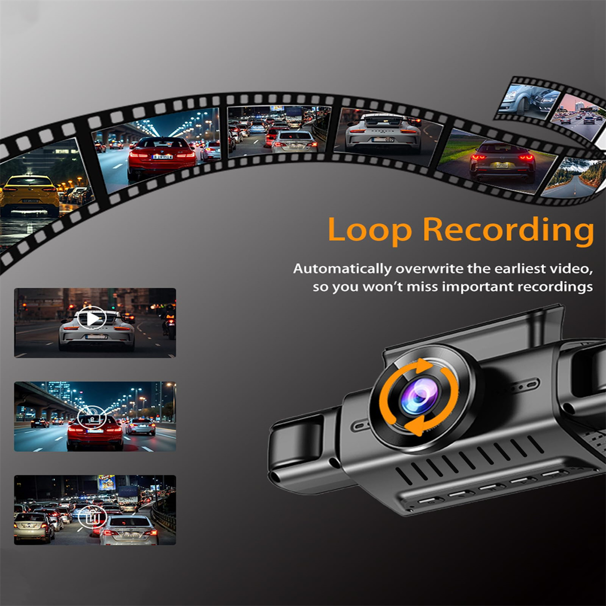 Bild einer Auto-Dashcam mit Loop-Recording-Funktion. Autos sind im Hintergrund zu sehen, mit einem Filmstreifen-Design.