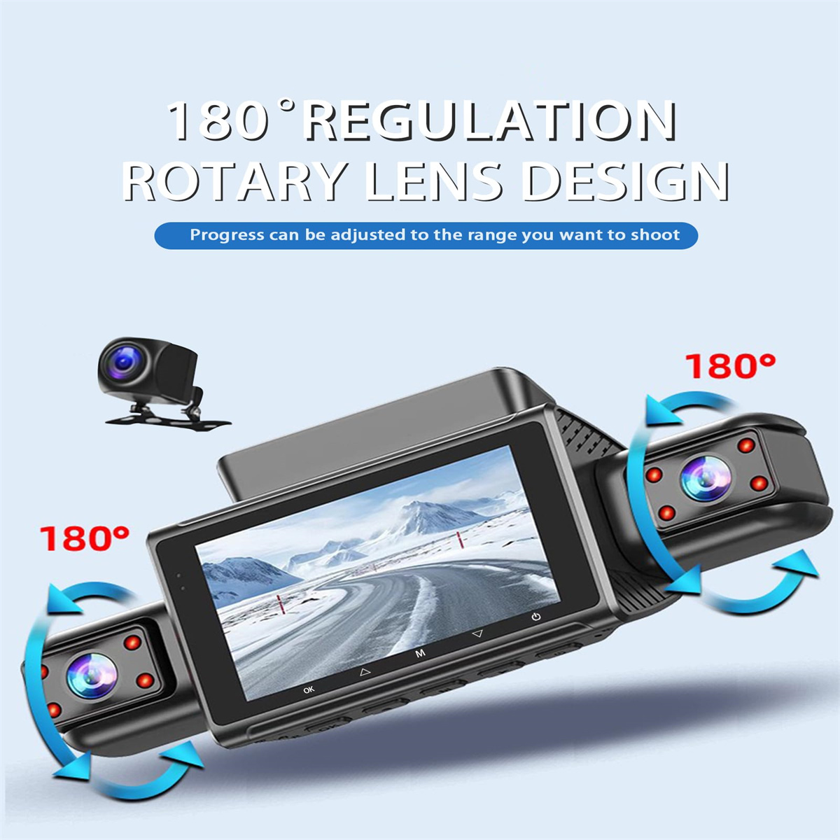 Bild einer Auto-Dashcam mit 180-Grad-Drehobjektiven. Das Display zeigt eine verschneite Straße. Text: '180° REGULATION ROTARY LENS DESIGN'.