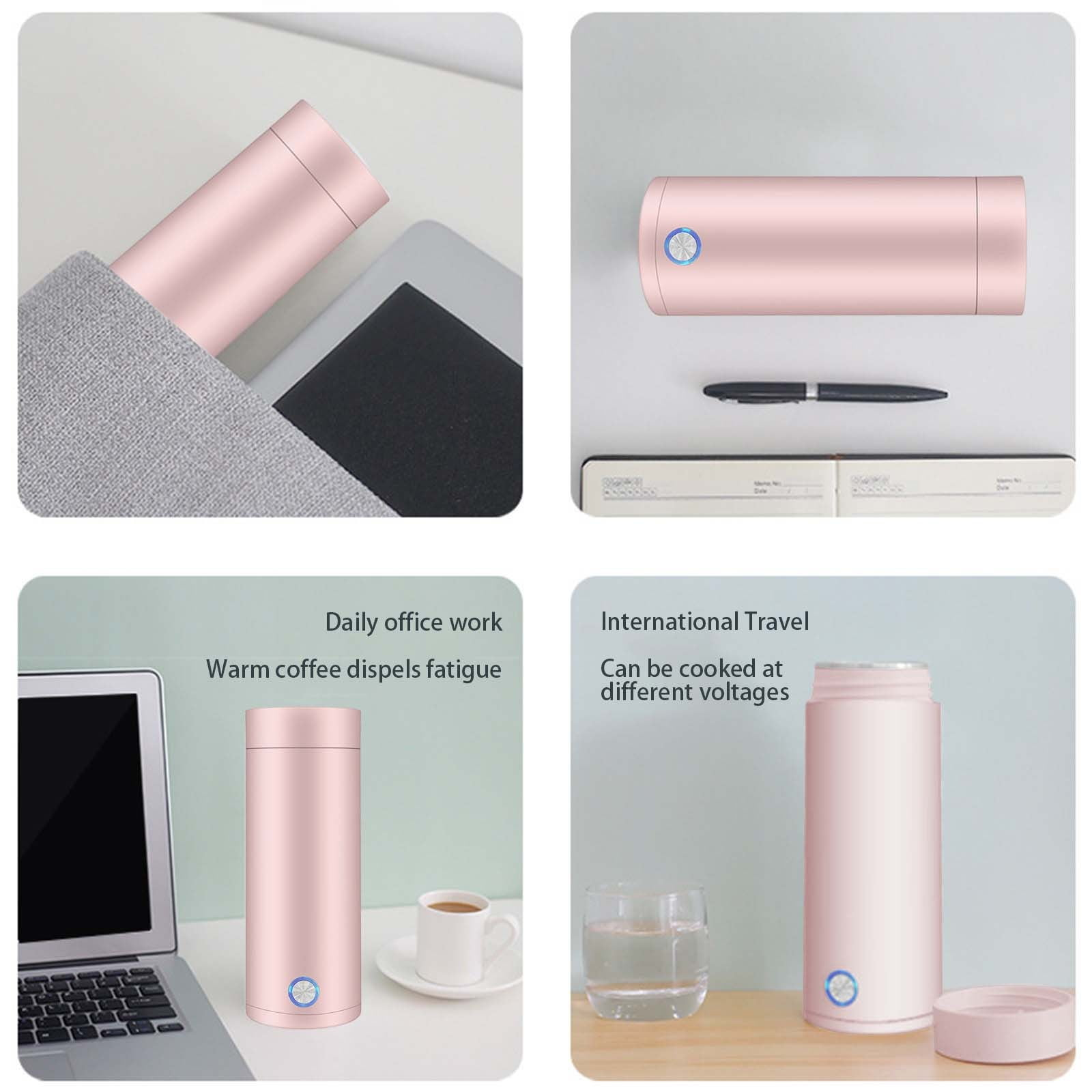Rosa Reisebecher in verschiedenen Umgebungen: in einer Tasche, auf einem Schreibtisch mit Stift, neben einem Laptop und mit einem Glas Wasser.