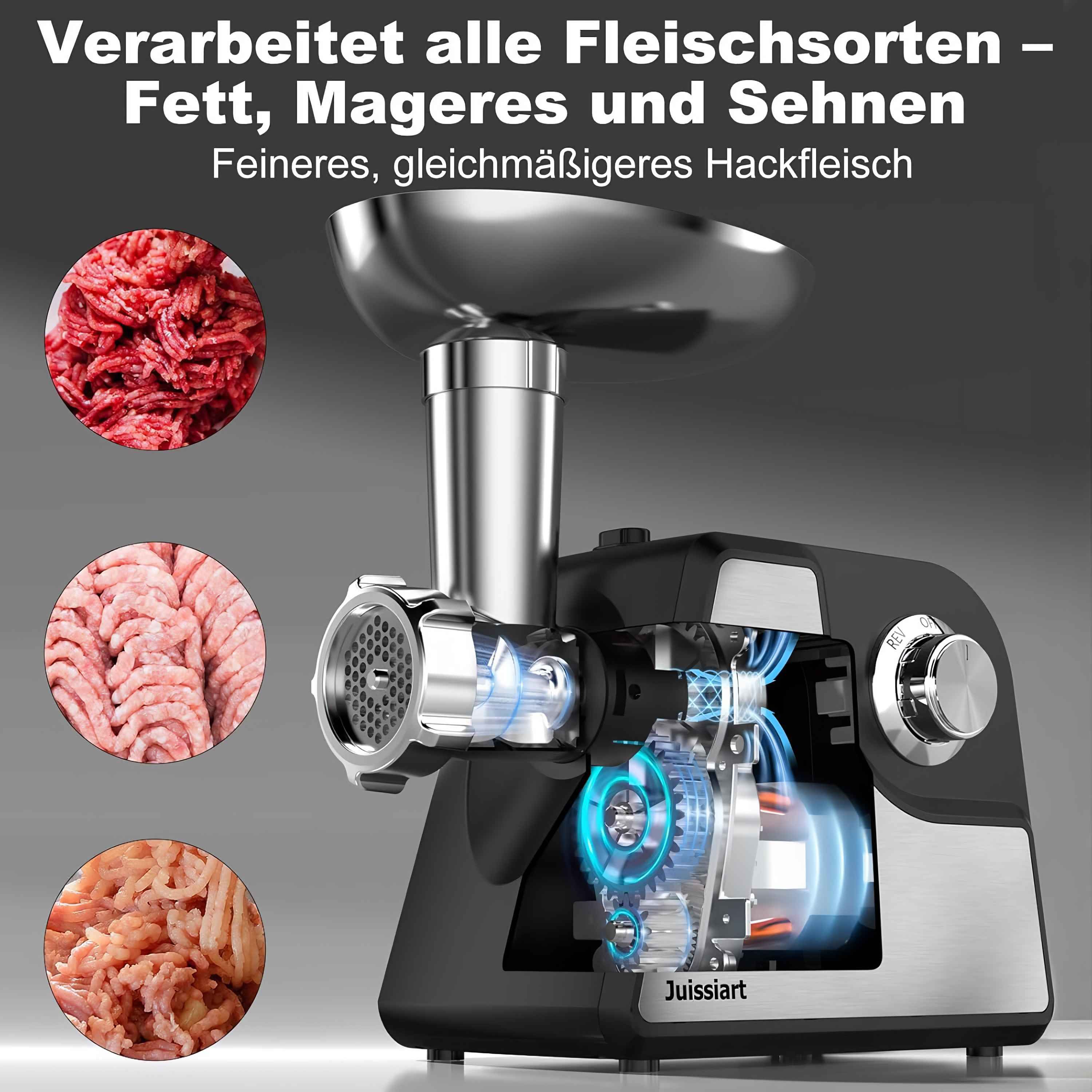 Ein Fleischwolf mit drei Fleischproben. Der Wolf ist schwarz und silberfarben. Text auf Deutsch beschreibt seine Funktion.
