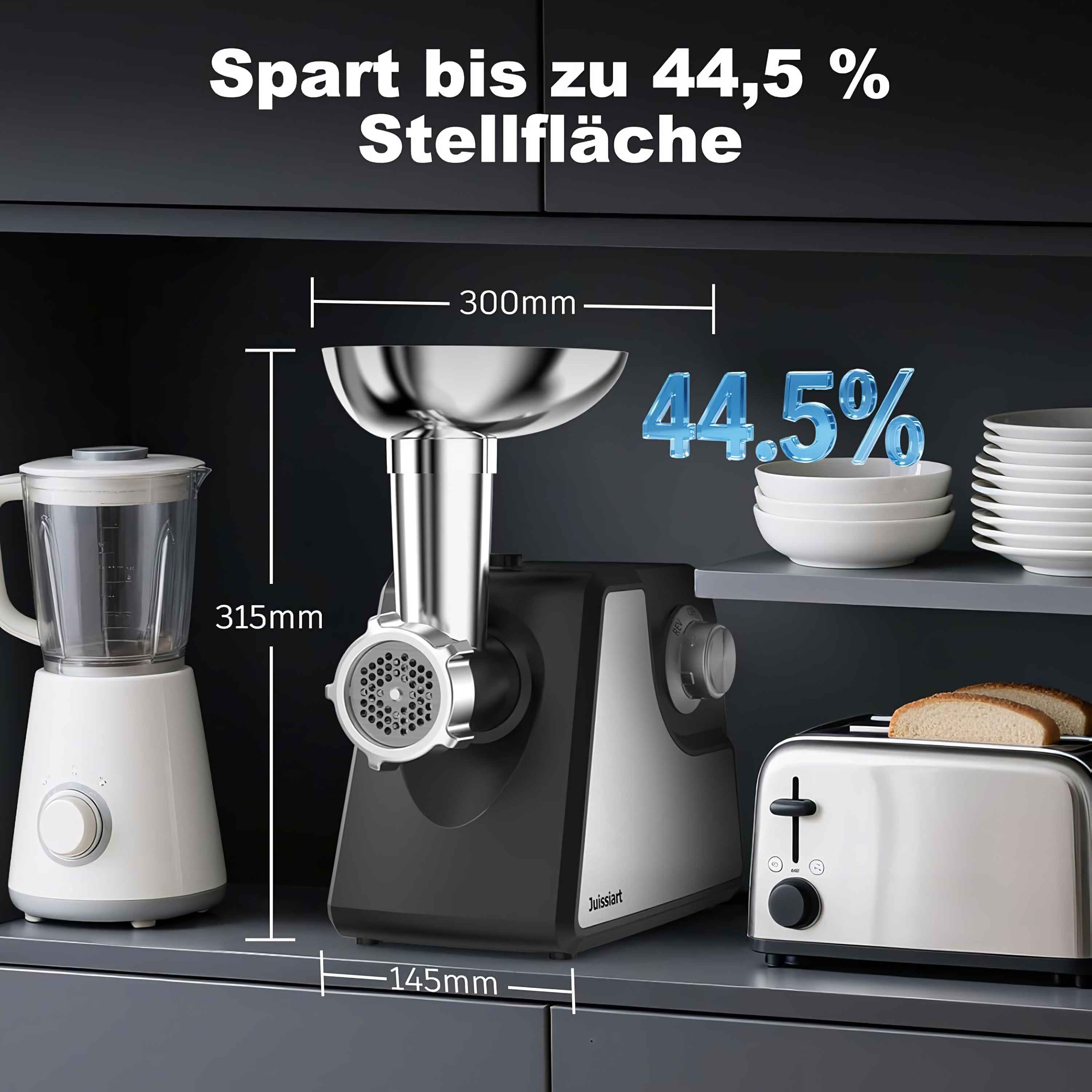 Küchenszene mit Fleischwolf, Mixer, Toaster und gestapelten Schalen. Text sagt: 'Sparen Sie bis zu 44,5 % Platz'.