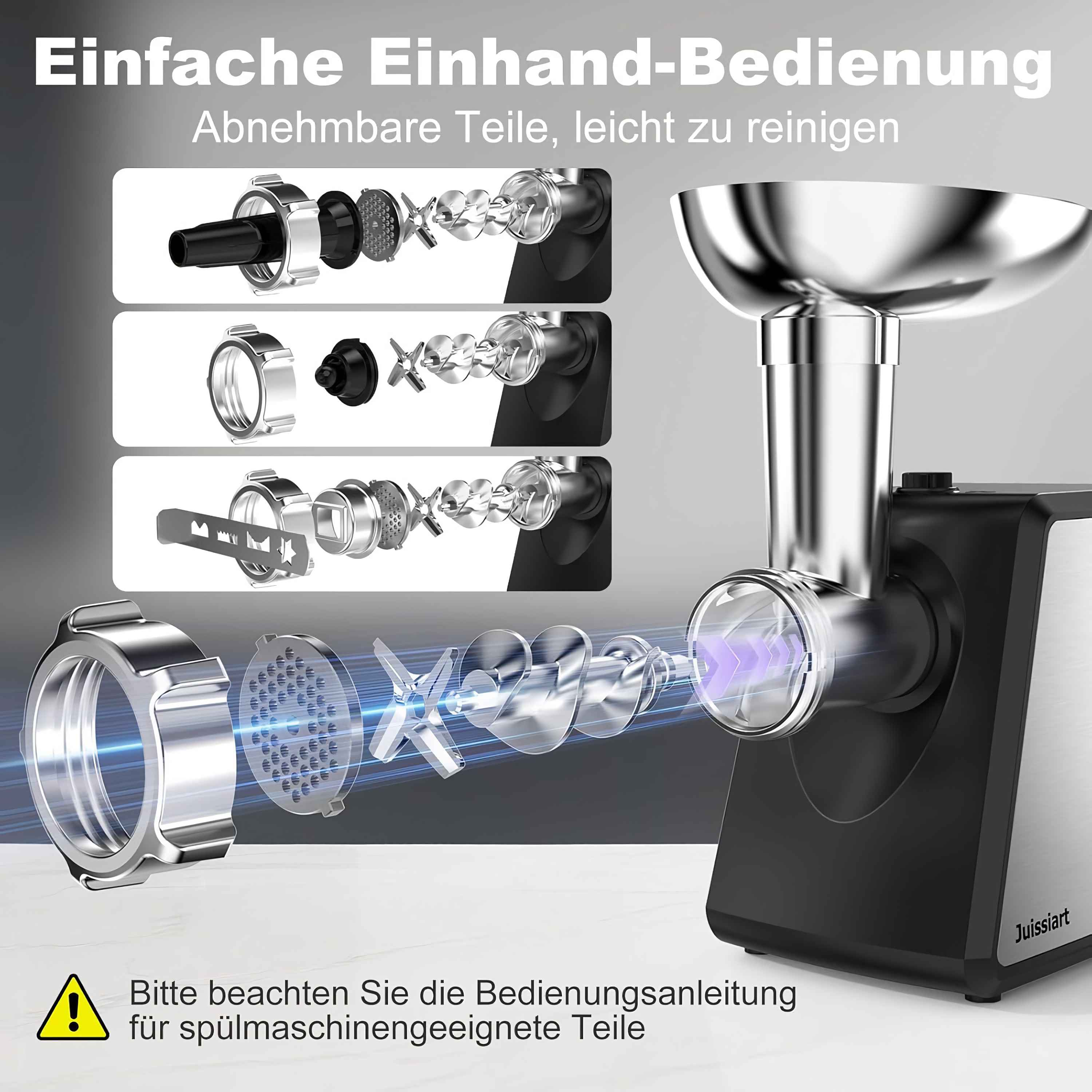 Das Bild zeigt einen zerlegten Fleischwolf mit deutschem Text, der die einfache Bedienung hervorhebt.