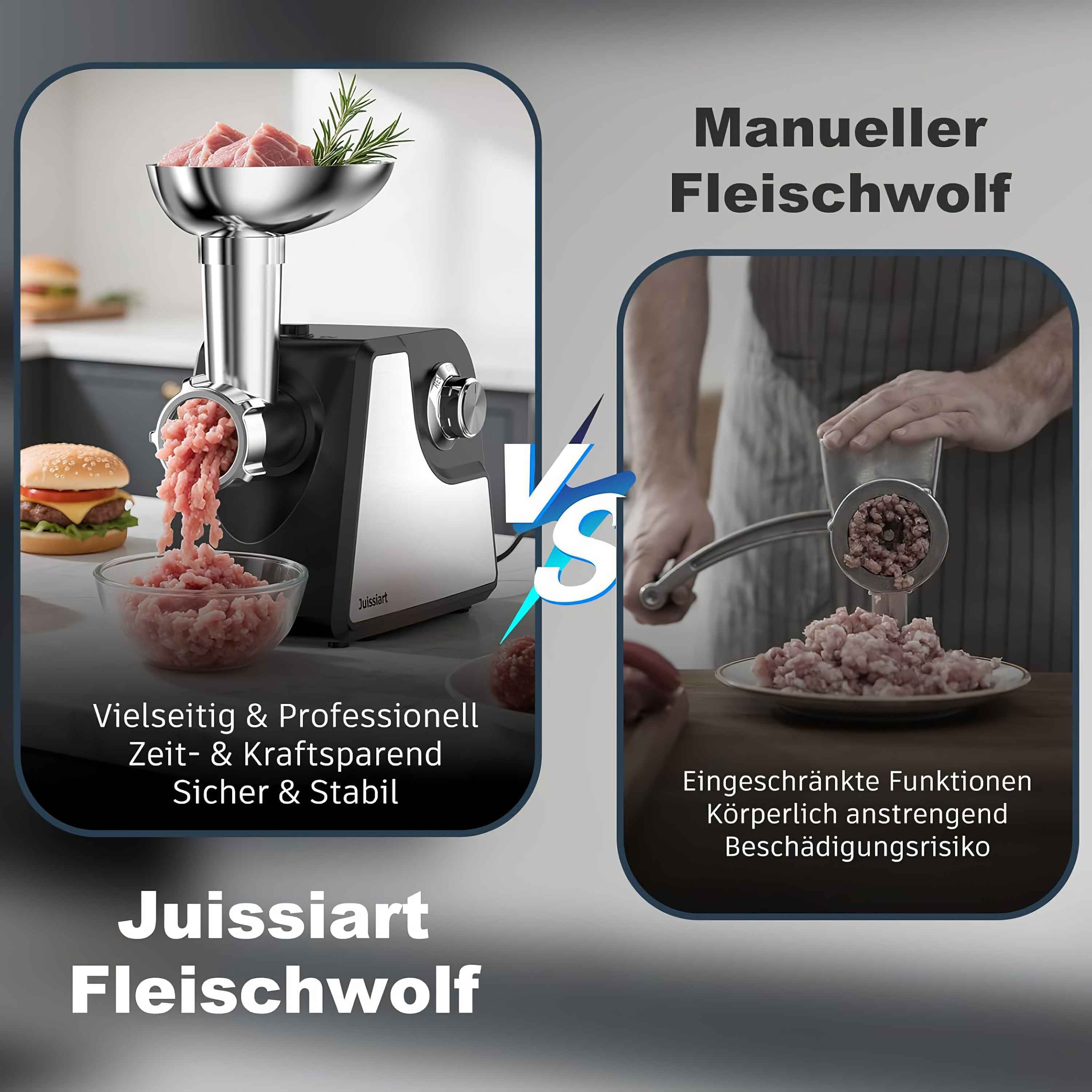 Das Bild vergleicht einen elektrischen Fleischwolf mit einem manuellen.  Fleisch wird in beiden verarbeitet. Text: Juissiart Fleischwolf.
