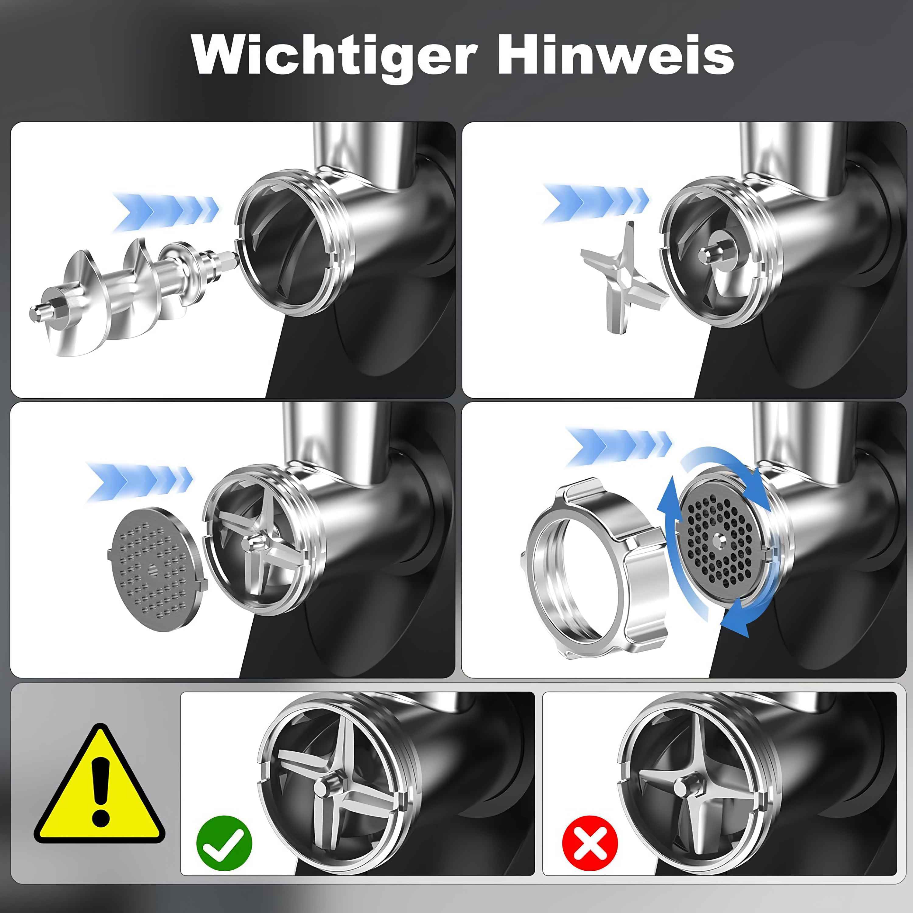 Das Bild zeigt die Montageschritte eines Fleischwolfs. Enthält Teile, Pfeile, Warnschild und korrekte/falsche Messereinstellungen.