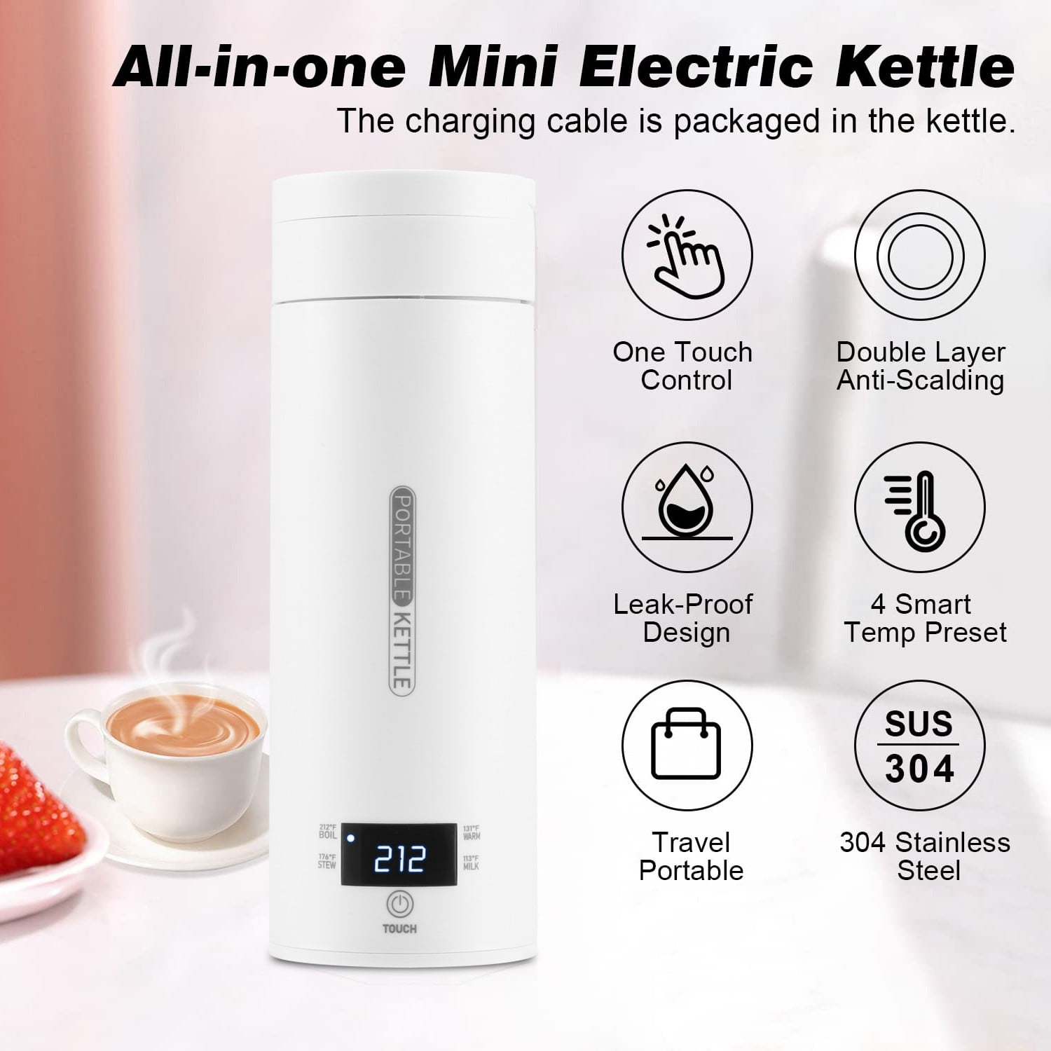 Ein weißer Mini-Elektrokessel mit Touch-Steuerung und Temperatureinstellungen. Eine Tasse Kaffee und eine Erdbeere befinden sich im Vordergrund.
