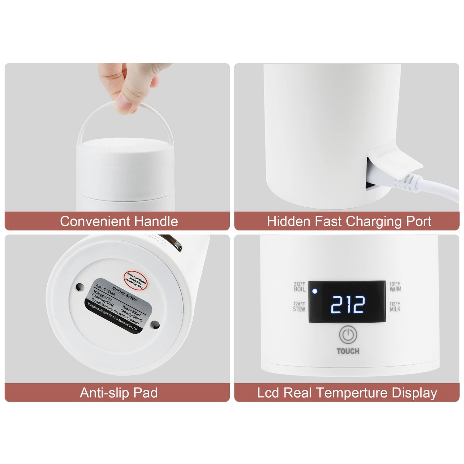 Ein weißer Wasserkocher mit Griff, Ladeanschluss, Anti-Rutsch-Pad und LCD-Anzeige mit Temperaturoptionen: Kochen, Köcheln, Warmhalten, Milch.