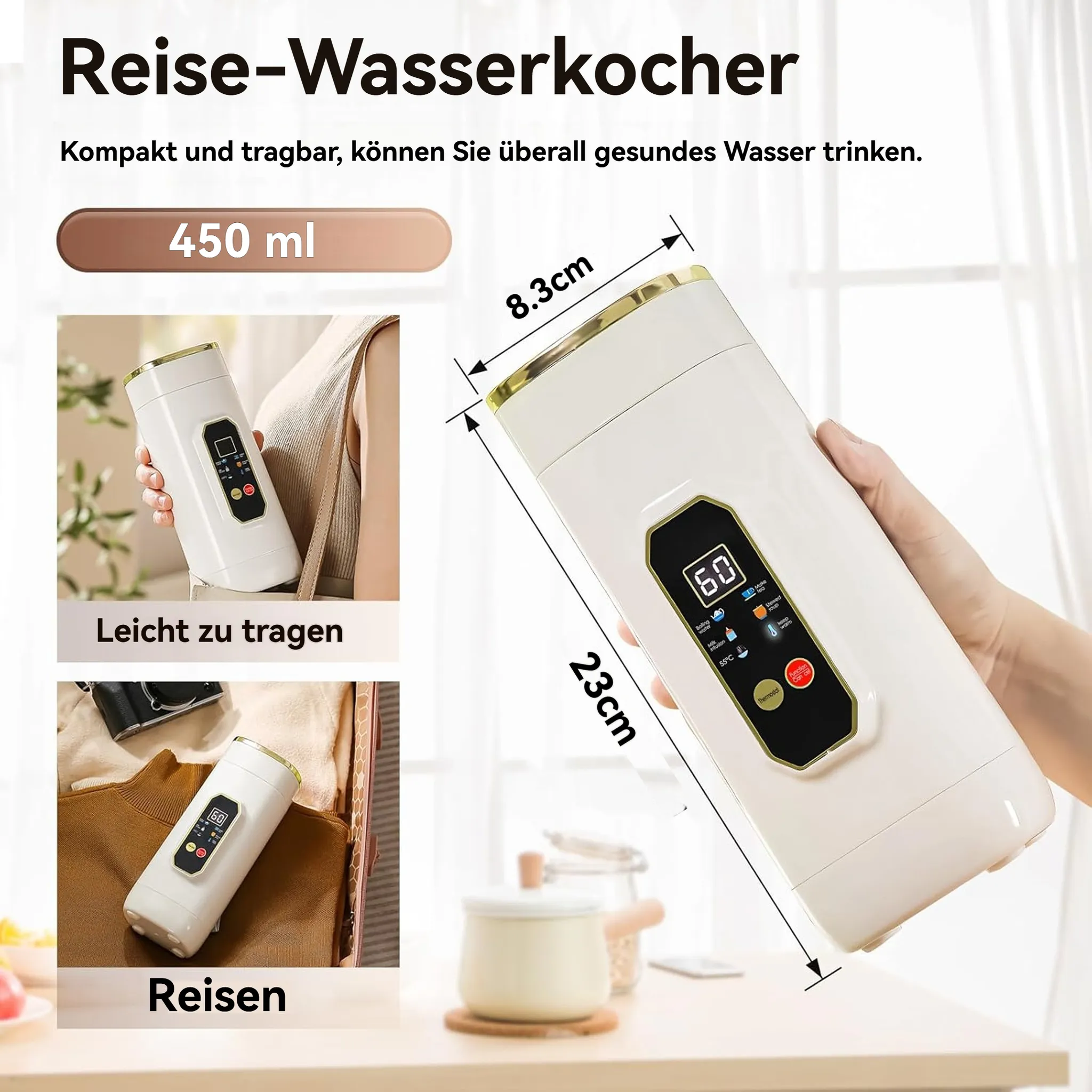 Ein weißer Reisekessel mit goldenen Akzenten, einem Digitaldisplay und Maßangaben. Abmessungen von 8,3 cm x 23 cm sind angegeben.