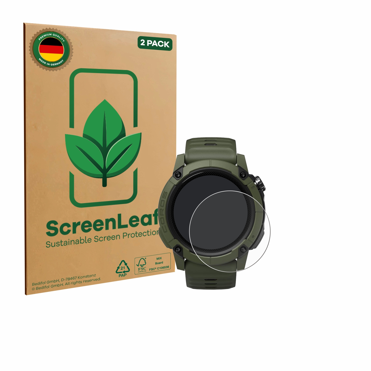 Eine olivgrüne Smartwatch und Displayschutzfolie mit einer braunen Schachtel, die ein grünes Blattlogo und Text hat.